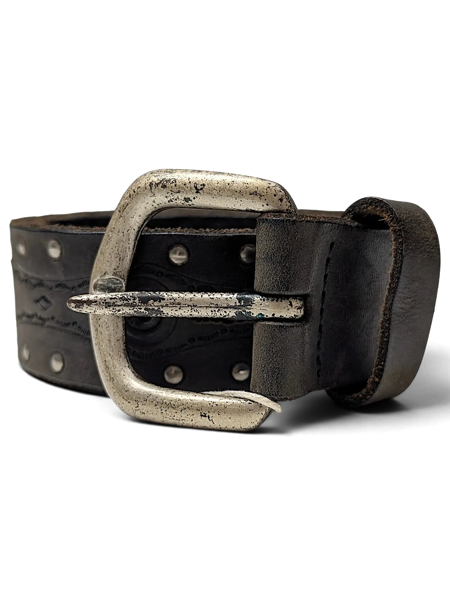 JAKE & IPI West Classic brown leather belt with silver metal studs and a distressed vintage-style buckle