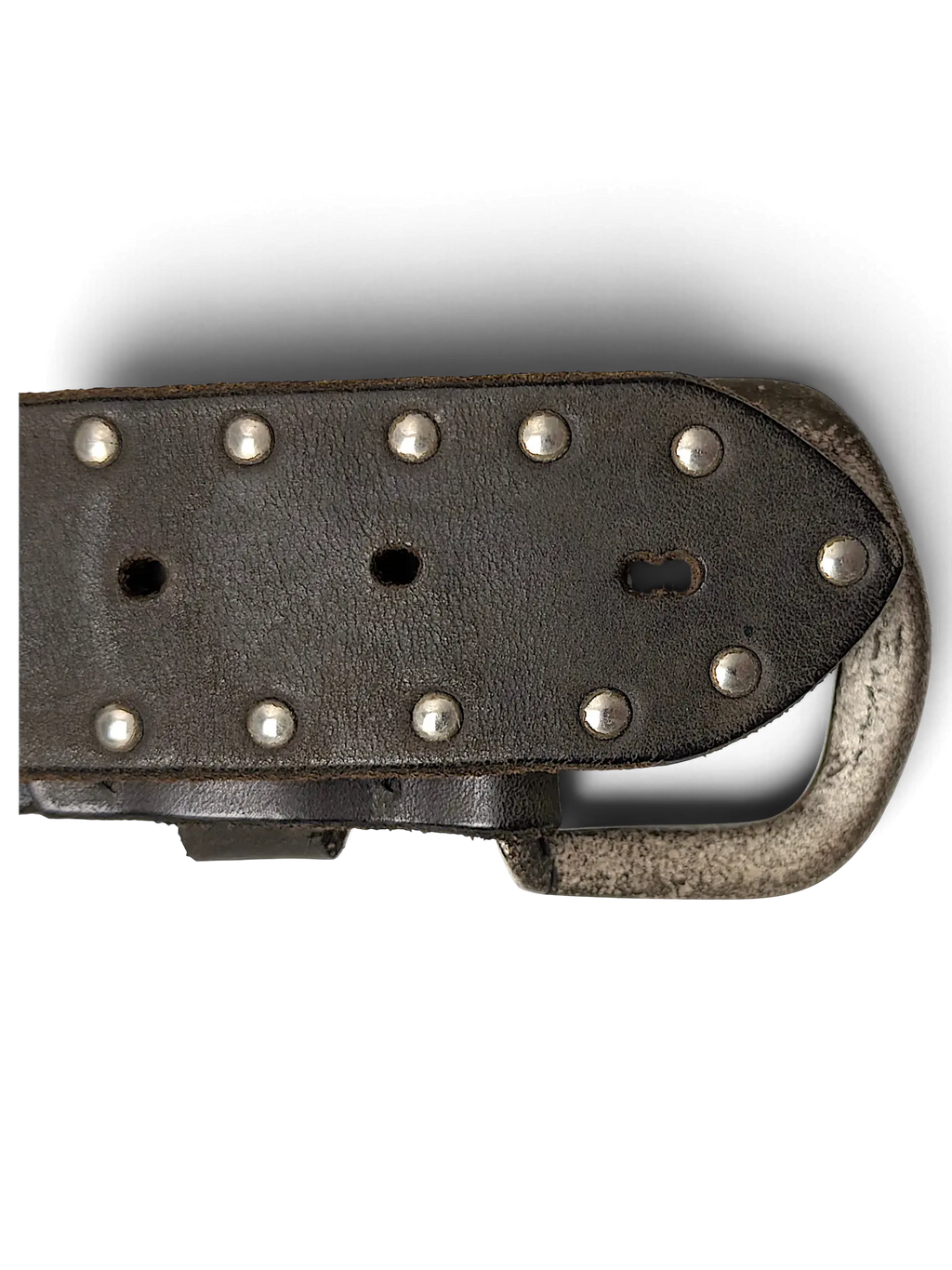 JAKE & IPI brown leather belt featuring silver metal studs and a distressed antique-style buckle