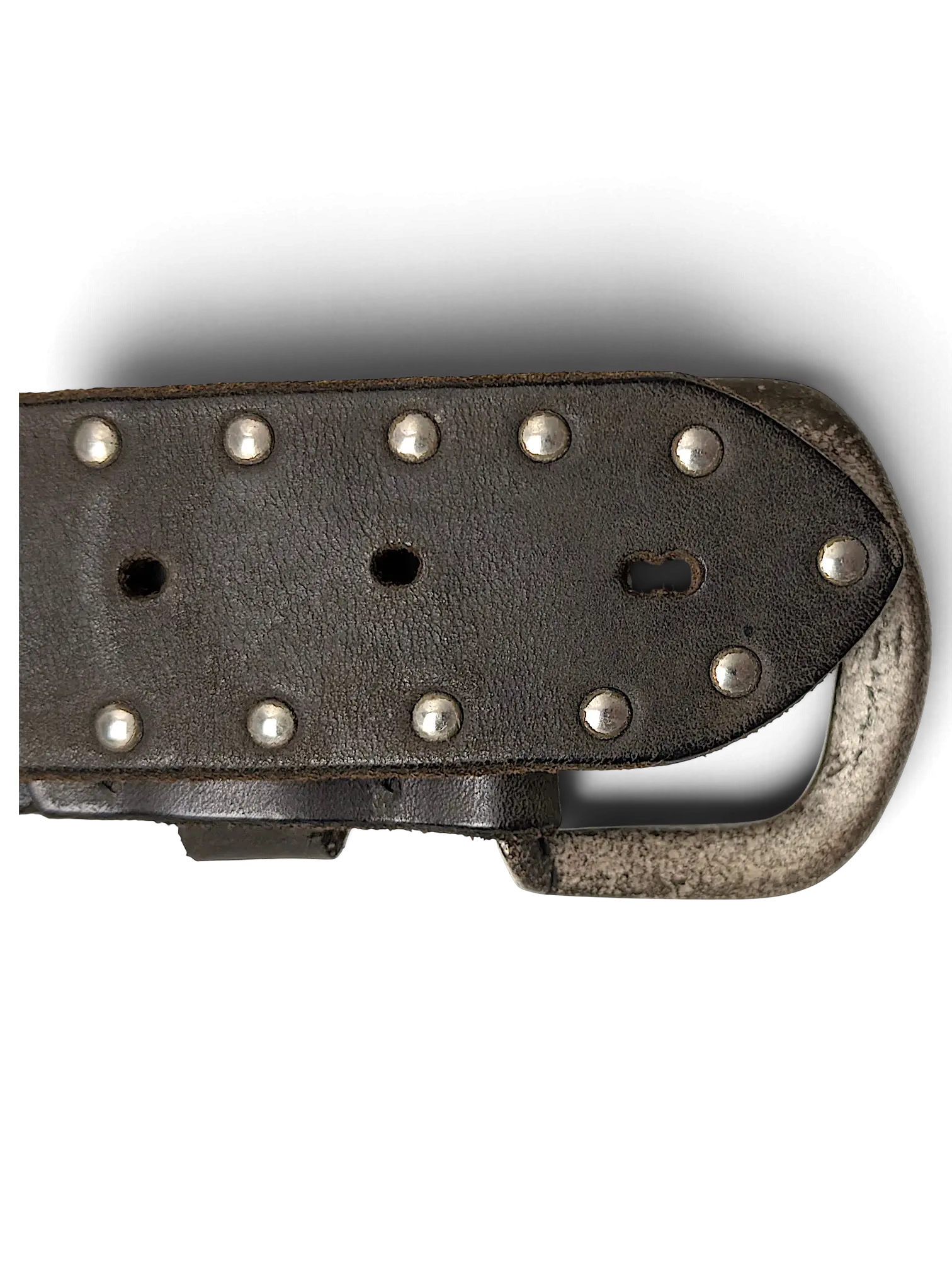 JAKE & IPI brown leather belt featuring silver metal studs and a distressed antique-style buckle