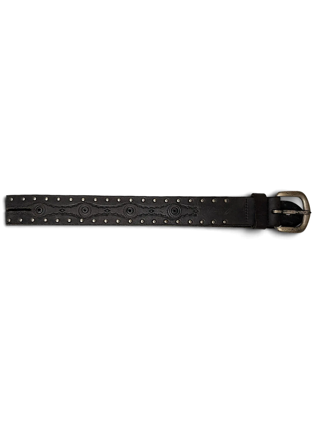 JAKE & IPI brown leather belt featuring silver studs and intricate embossed circular patterns with a metal buckle.