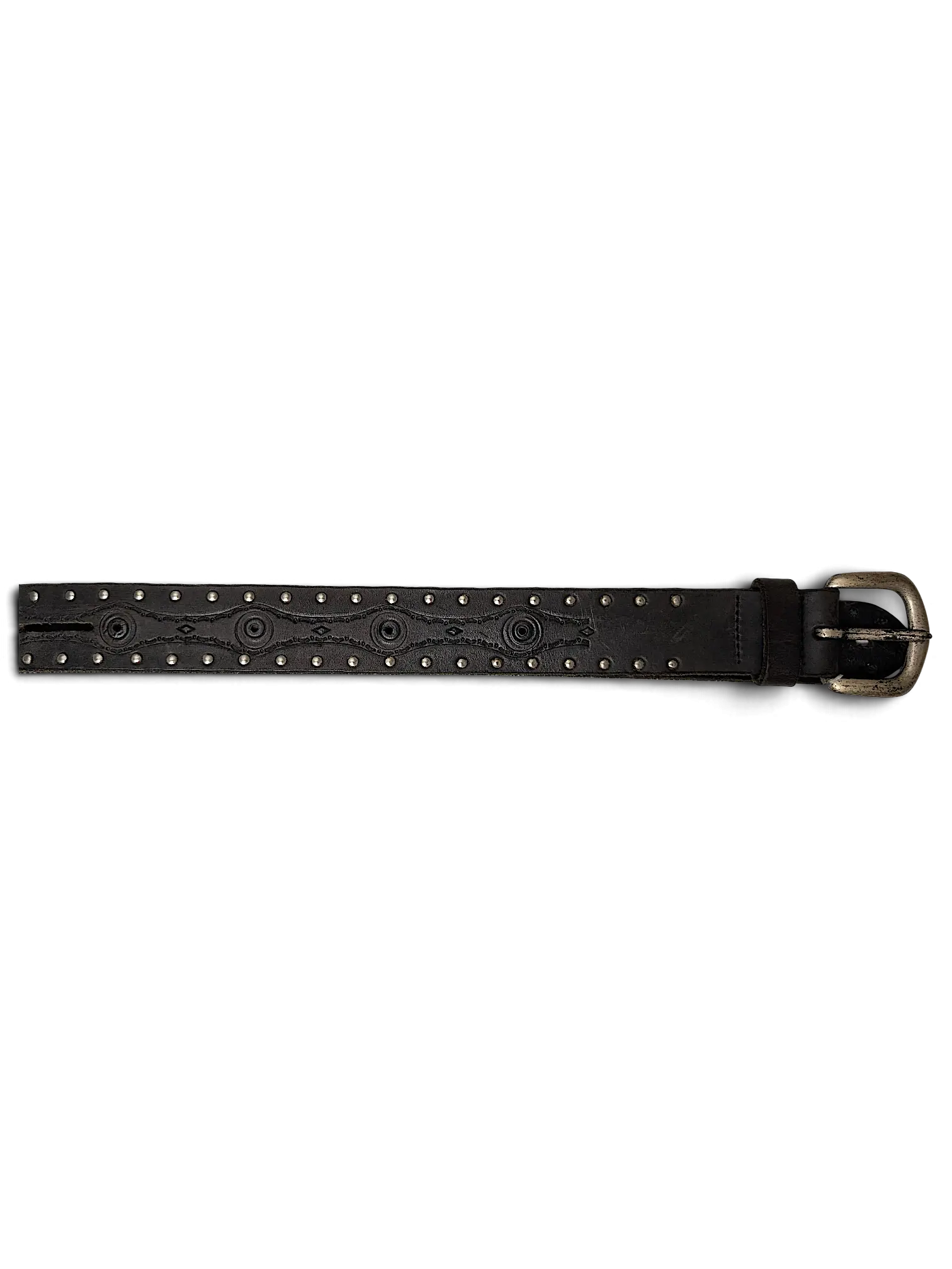 JAKE & IPI brown leather belt featuring silver studs and intricate embossed circular patterns with a metal buckle.