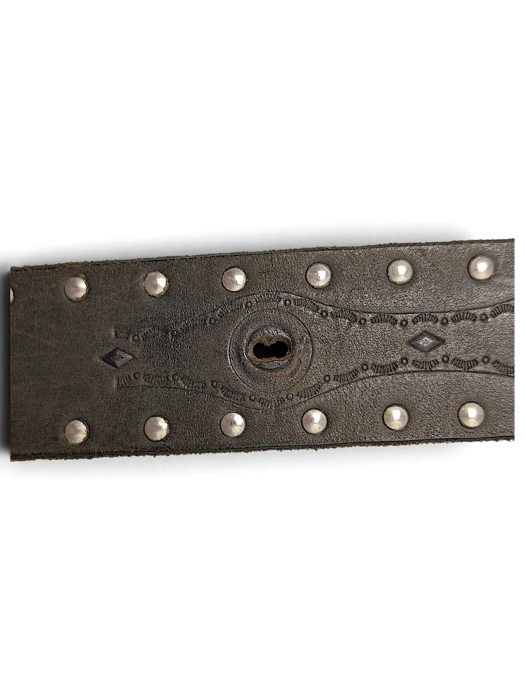 JAKE & IPI brown leather belt featuring silver metal studs and intricate embossed western-style detailing