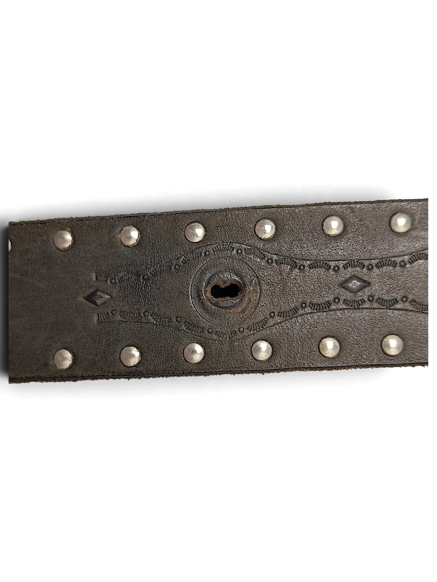 JAKE & IPI brown leather belt featuring silver metal studs and intricate embossed western-style detailing