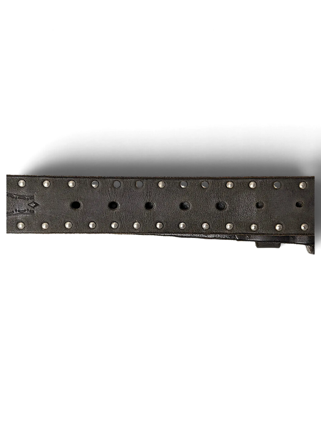 JAKE & IPI West Classic brown leather belt featuring two rows of silver metal studs and a branded clothing tag