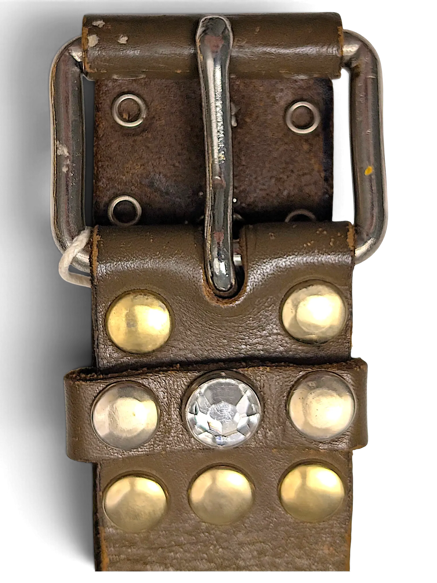 JAKE & IPI brown leather Y2K belt featuring a silver buckle, gold-tone studs, and a central clear crystal accent.