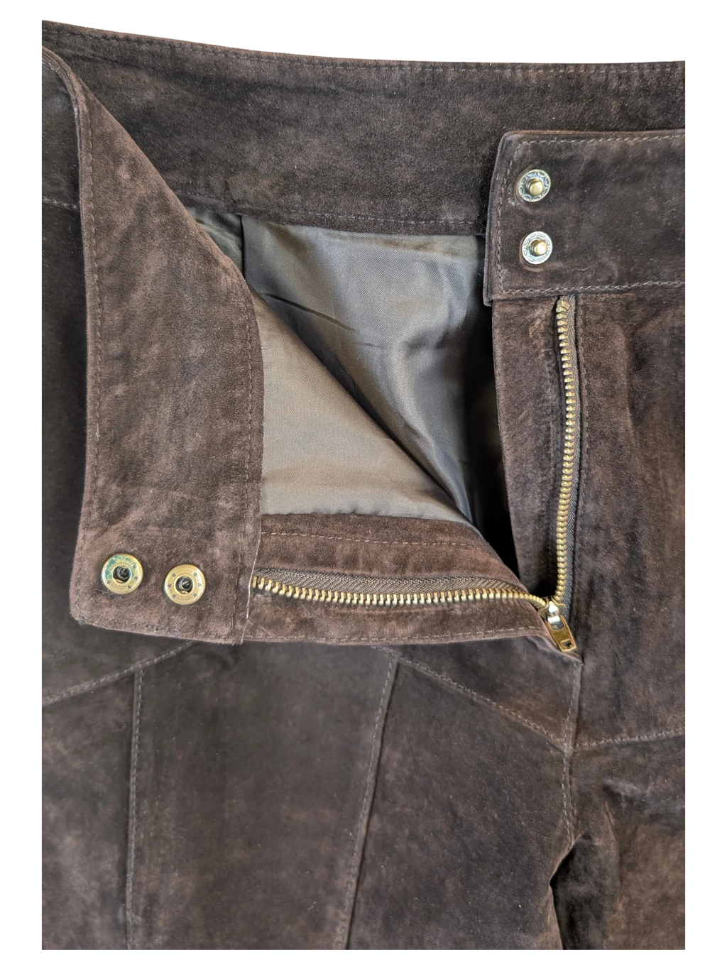 JAKE & IPI vintage dark brown suede leather trousers featuring a zip fly, snap button closure, and panelled seams.
