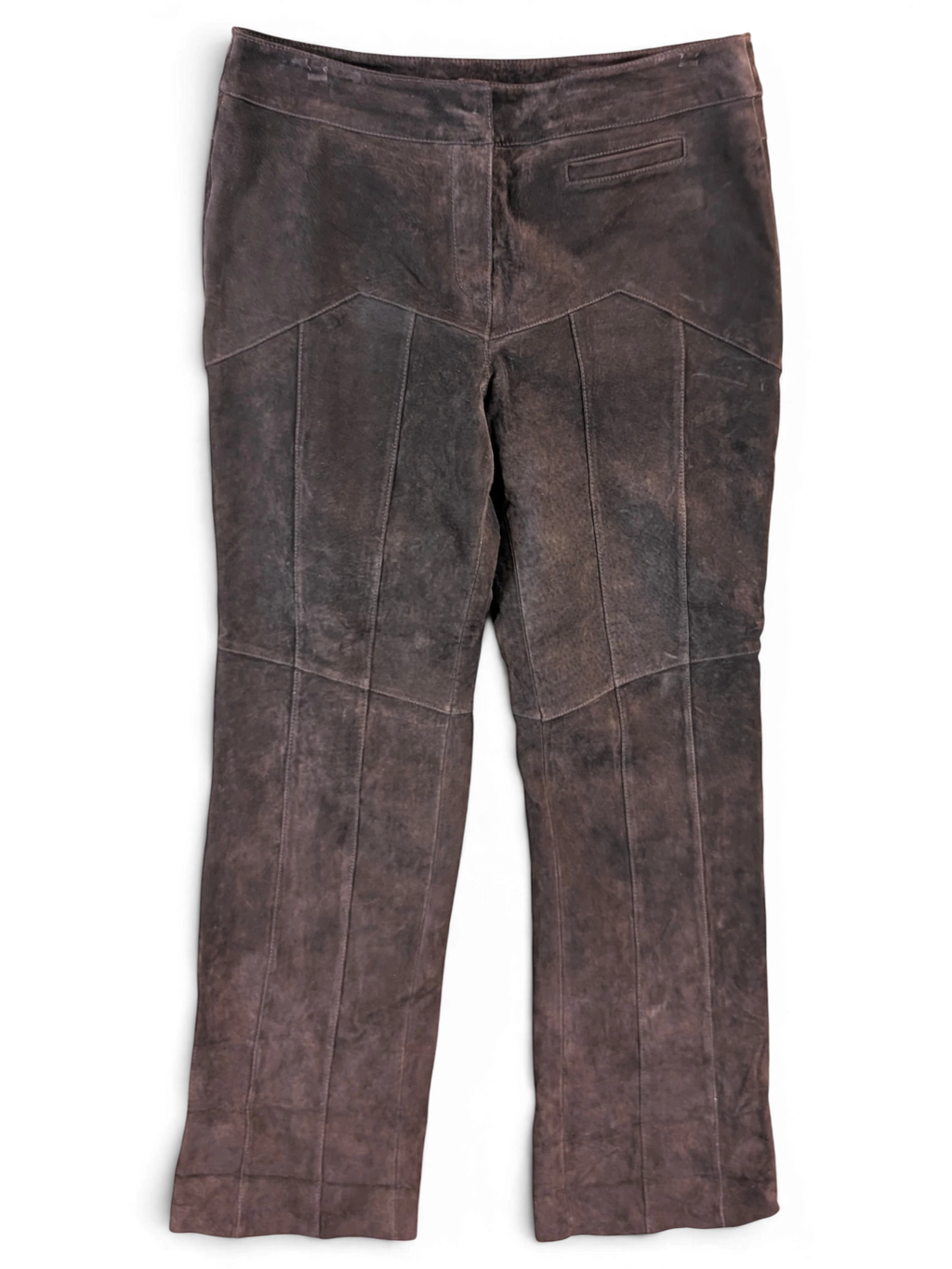 JAKE & IPI vintage dark brown suede leather trousers with panelled seams and a straight leg fit.
