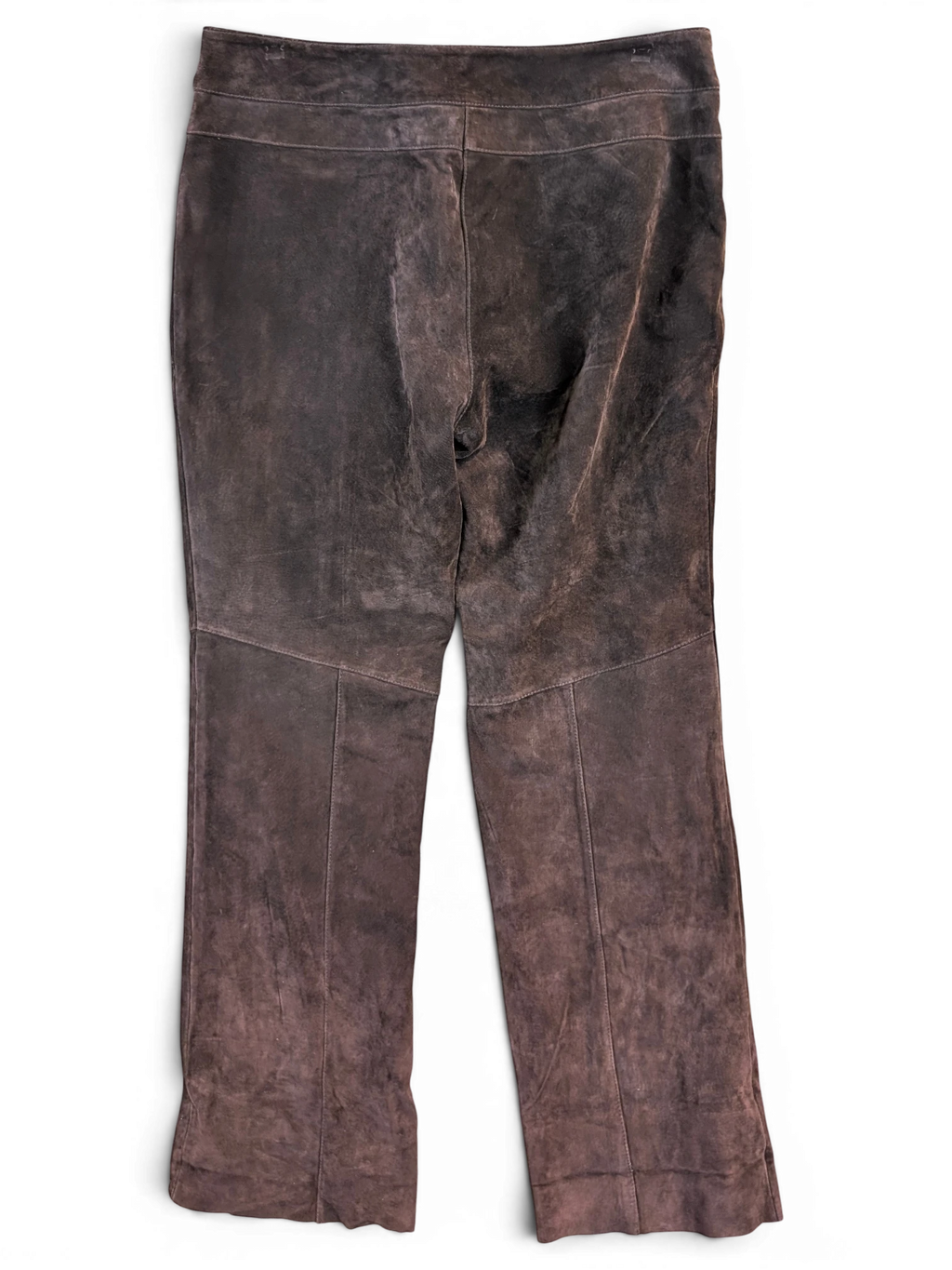 JAKE & IPI vintage dark brown suede leather trousers with panelled seam detailing and a straight leg silhouette.