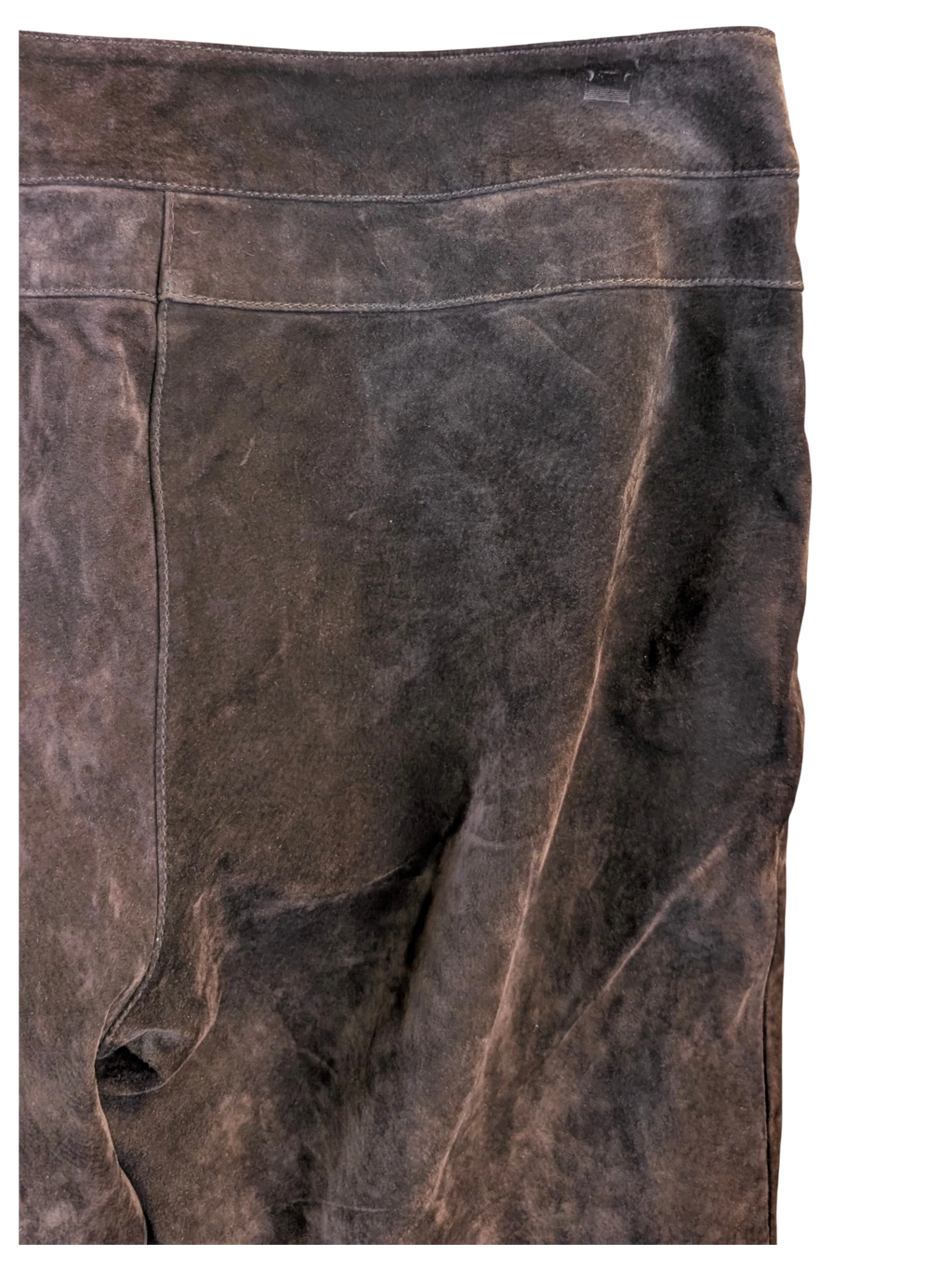 JAKE & IPI vintage dark brown suede leather trousers featuring panelled seams and a soft, worn-in textured finish.