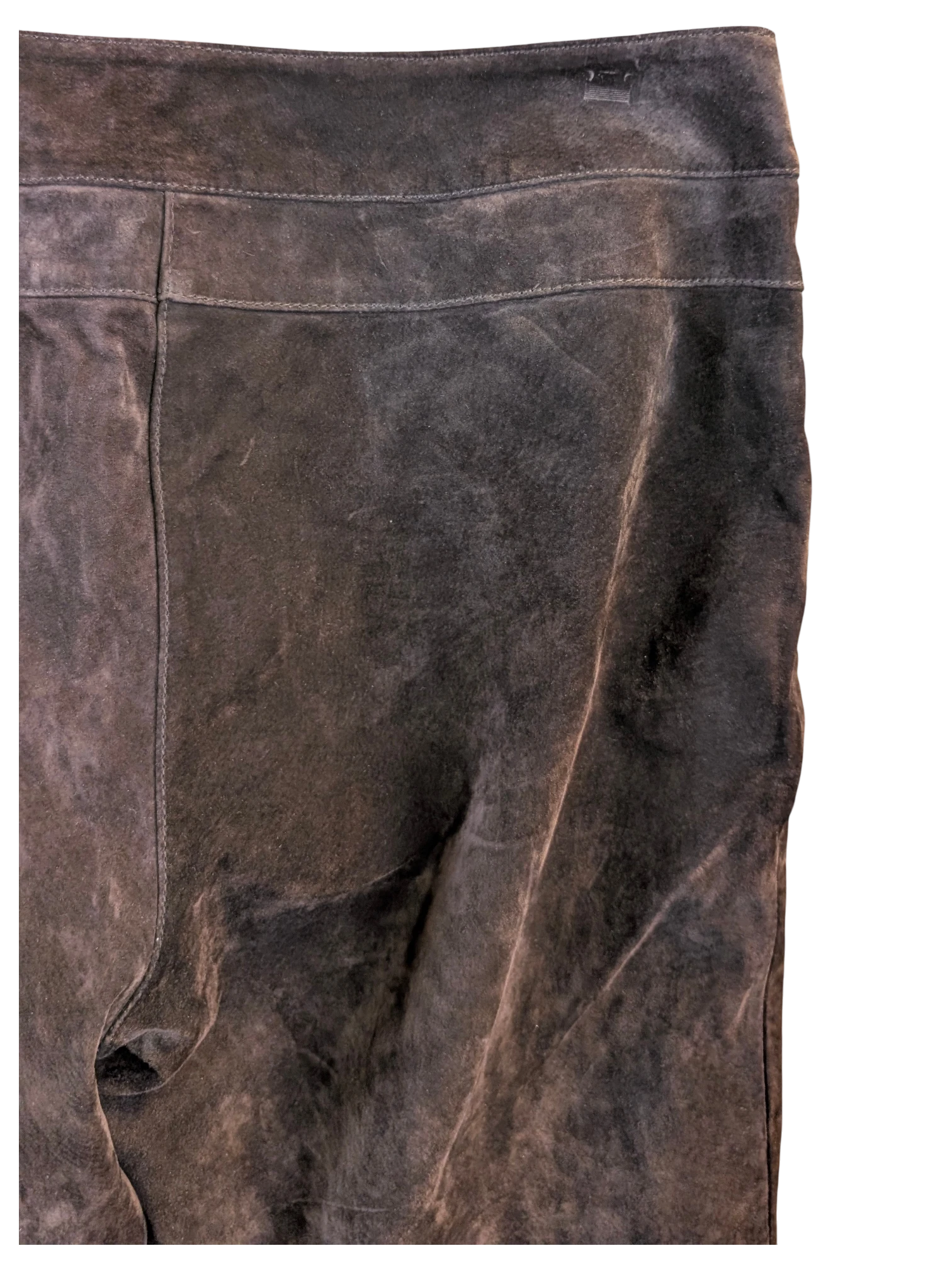 JAKE & IPI vintage dark brown suede leather trousers featuring panelled seams and a soft, worn-in textured finish.