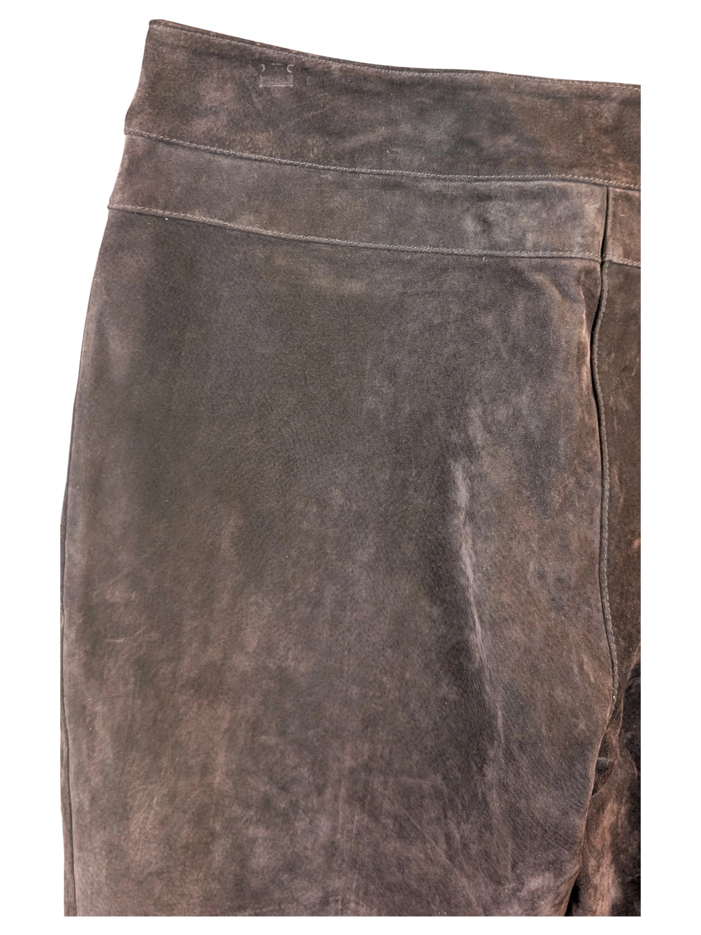 JAKE & IPI vintage dark brown suede leather trousers with panelled seams and a soft, worn-in textured finish.