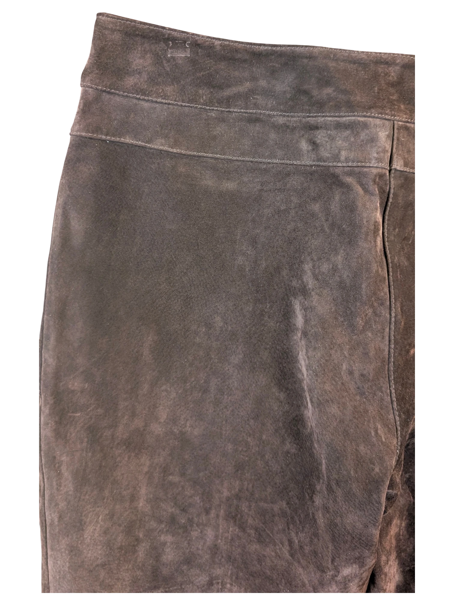JAKE & IPI vintage dark brown suede leather trousers with panelled seams and a soft, worn-in textured finish.