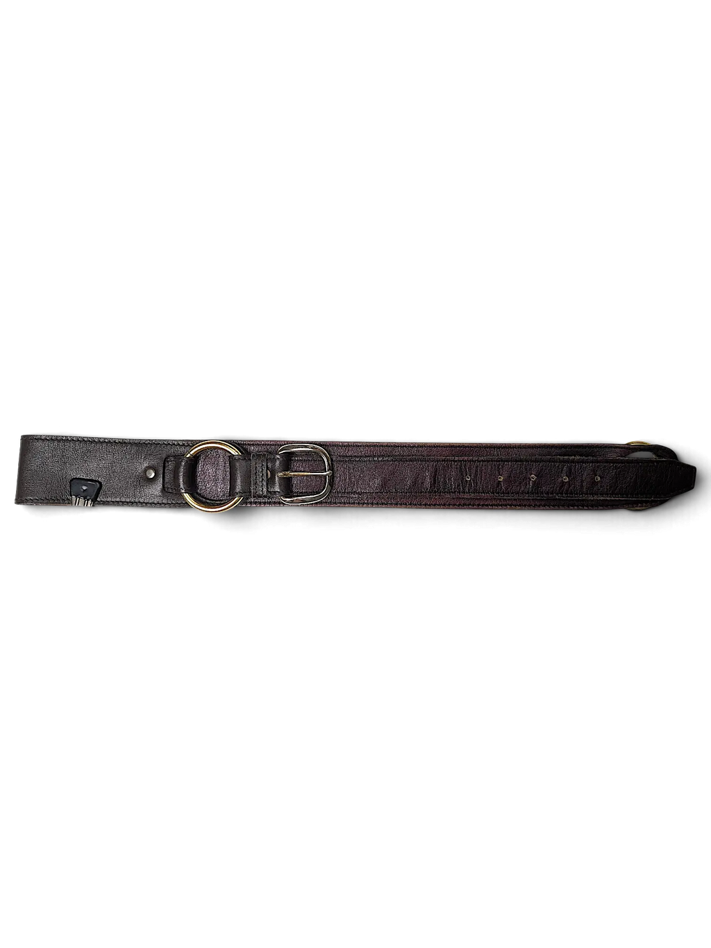 JAKE & IPI brown Y2K leather belt featuring a faded red tint, gold-tone buckle, and a metal utility clip attachment.
