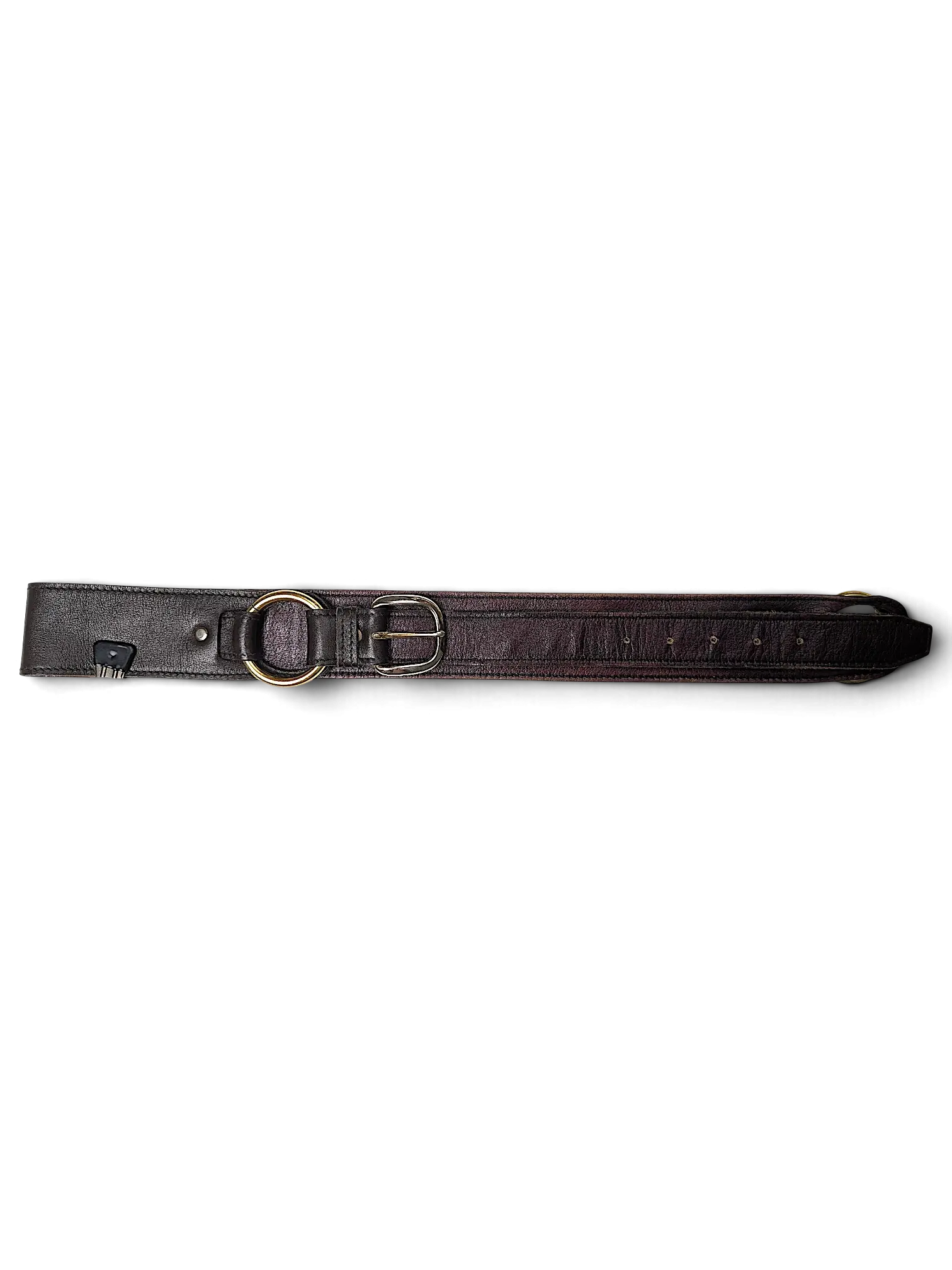 JAKE & IPI brown Y2K leather belt featuring a faded red tint, gold-tone buckle, and a metal utility clip attachment.