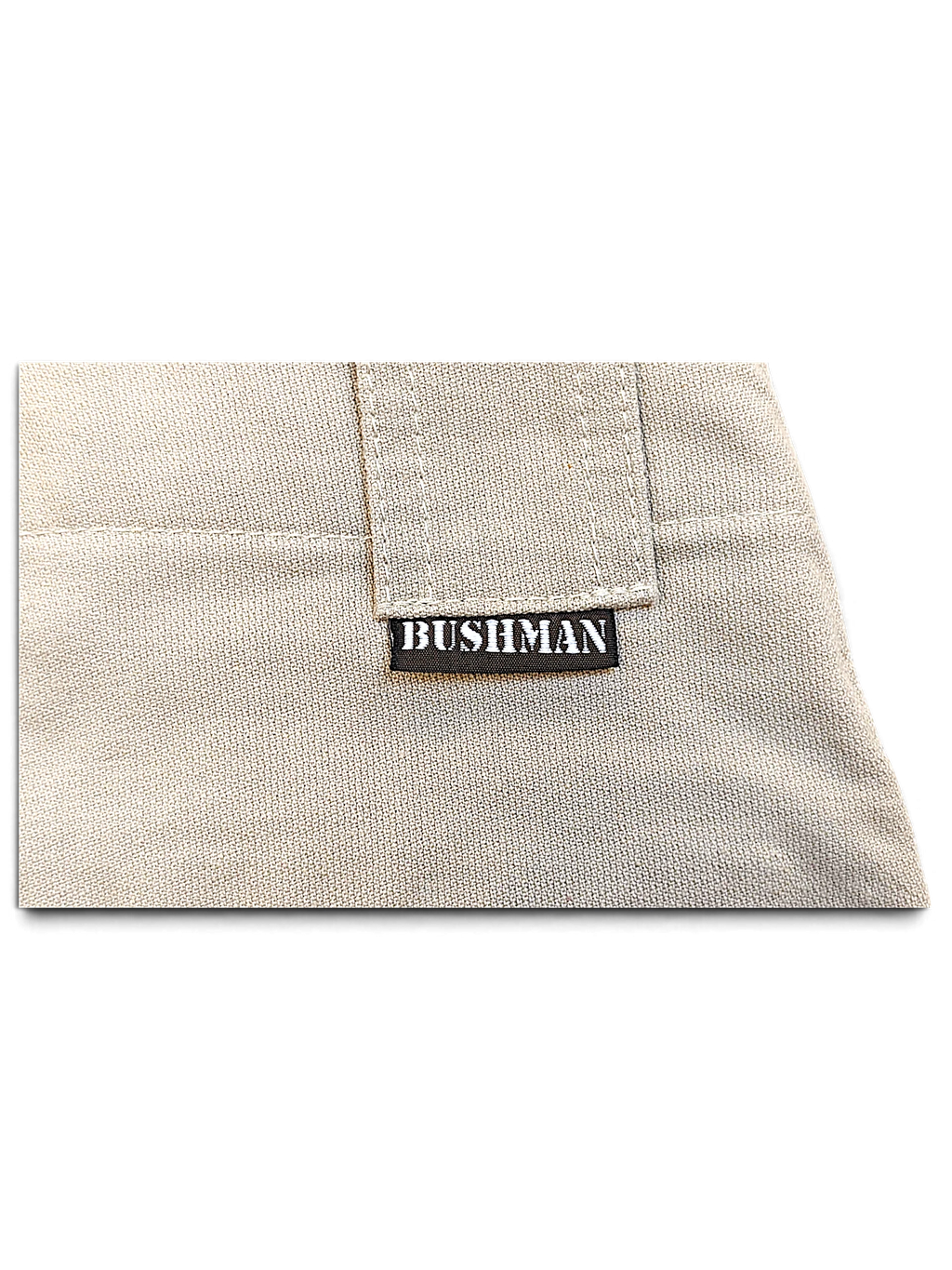 JAKE & IPI Bushman beige utility trousers fabric detail with branded woven label