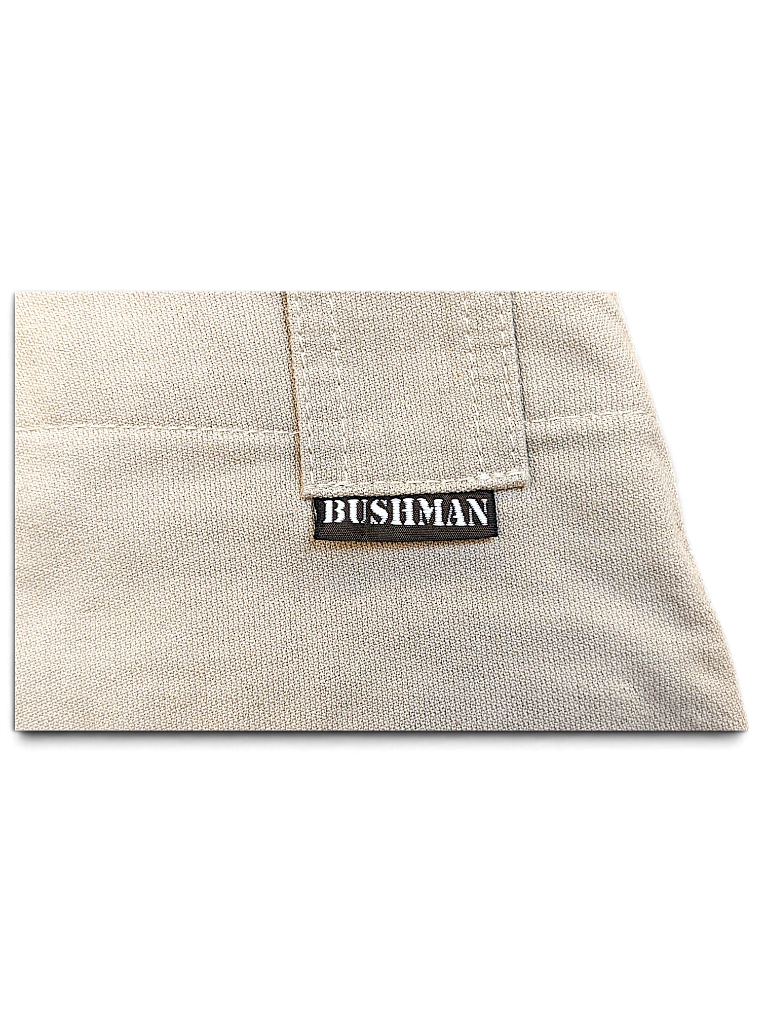 JAKE & IPI Bushman beige utility trousers fabric detail with branded woven label