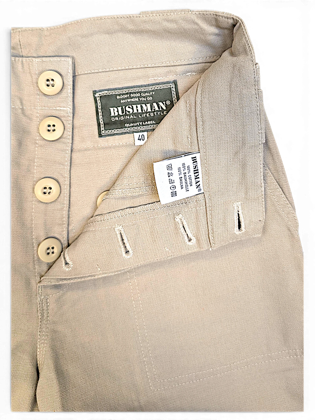 JAKE & IPI Bushman beige utility trousers featuring a button-fly closure and internal brand labels.