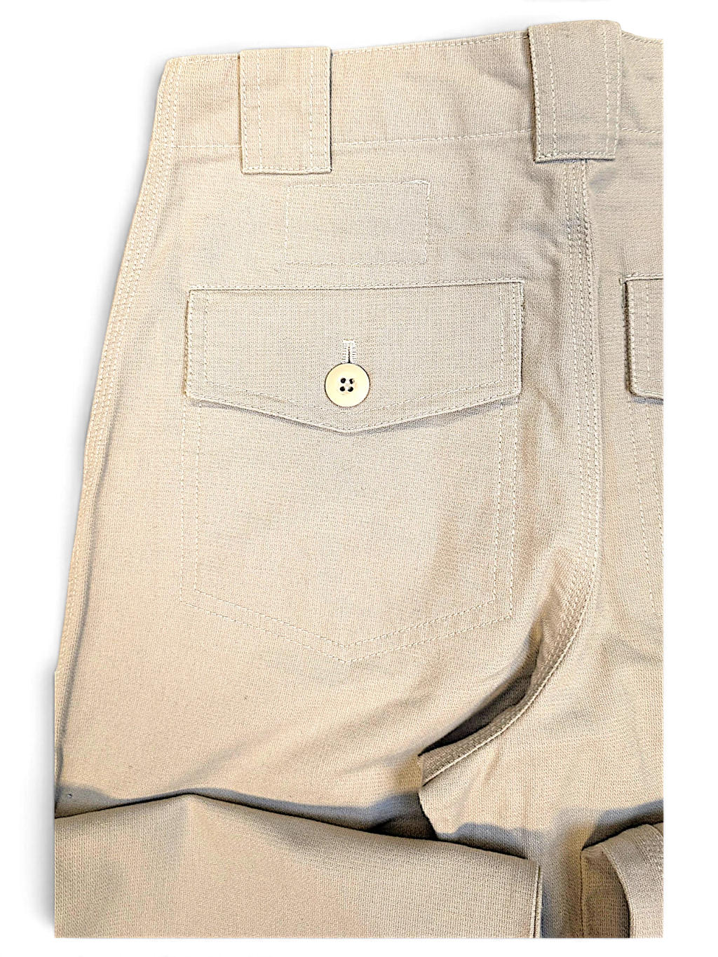 JAKE & IPI Bushman beige utility trousers featuring a buttoned back pocket and durable canvas-style fabric.