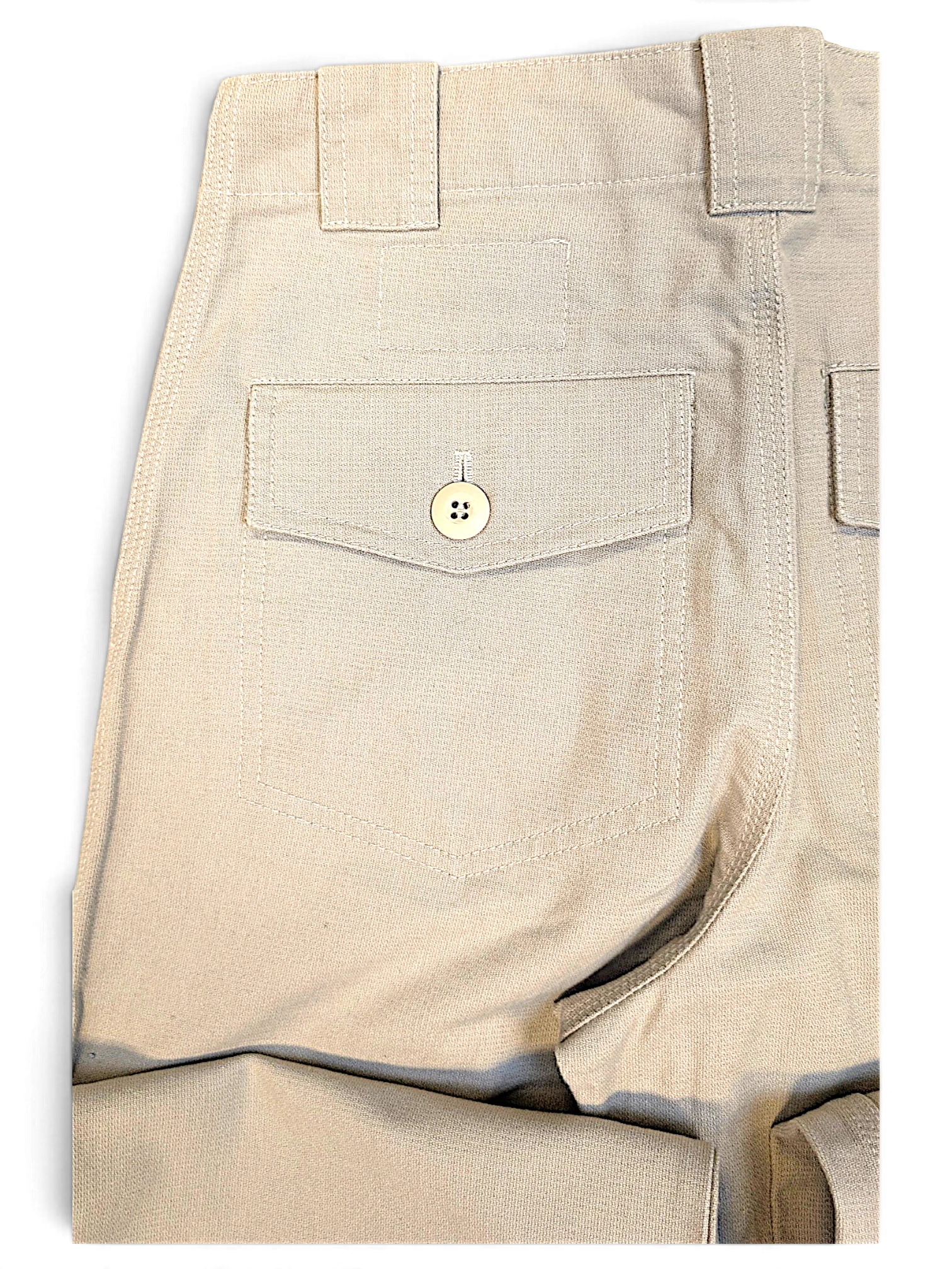 JAKE & IPI Bushman beige utility trousers featuring a buttoned back pocket and durable canvas-style fabric.