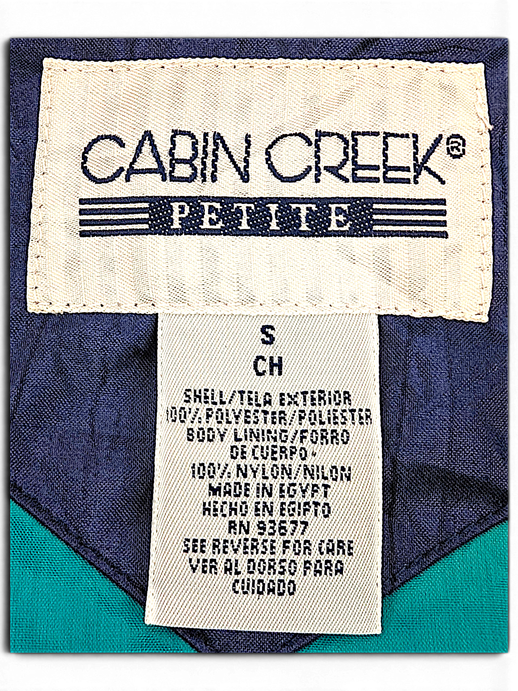 Cabin Creek Petite Green Drawcord Jacket; Cabin Creek Petite S label and fibre composition.