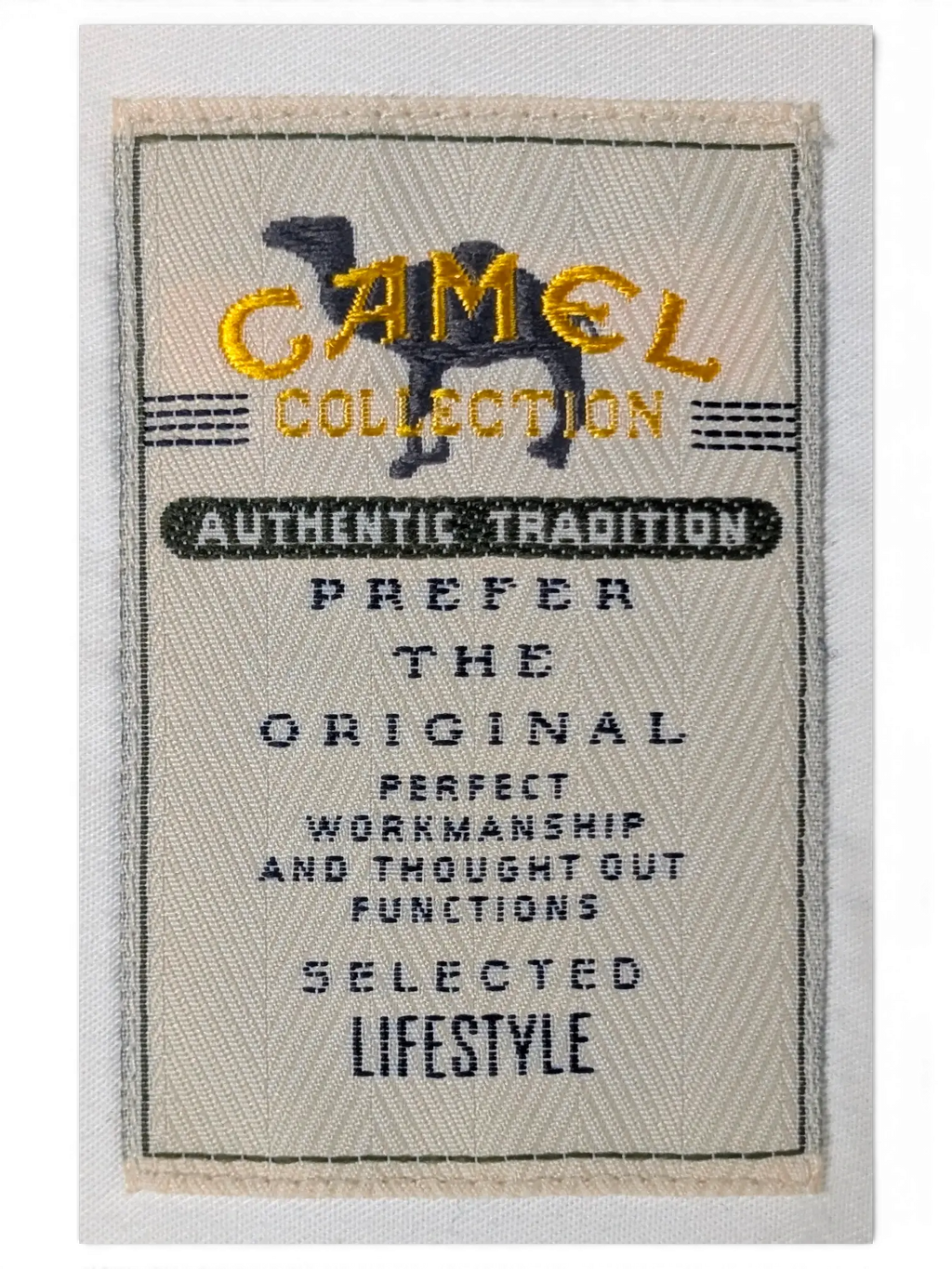 JAKE & IPI vintage Camel Collection white utility shirt fabric brand label with embroidered camel logo
