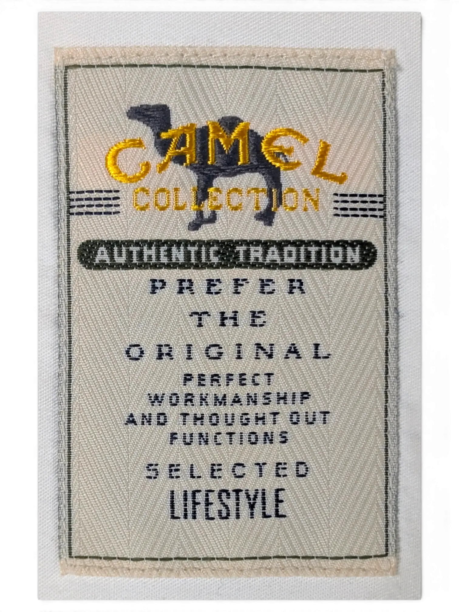 JAKE & IPI vintage Camel Collection white utility shirt fabric brand label with embroidered camel logo