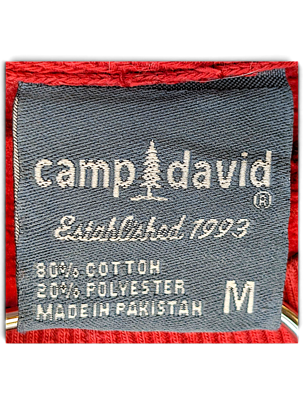JAKE & IPI Camp David College sweatshirt label in red cotton polyester blend with size medium tag