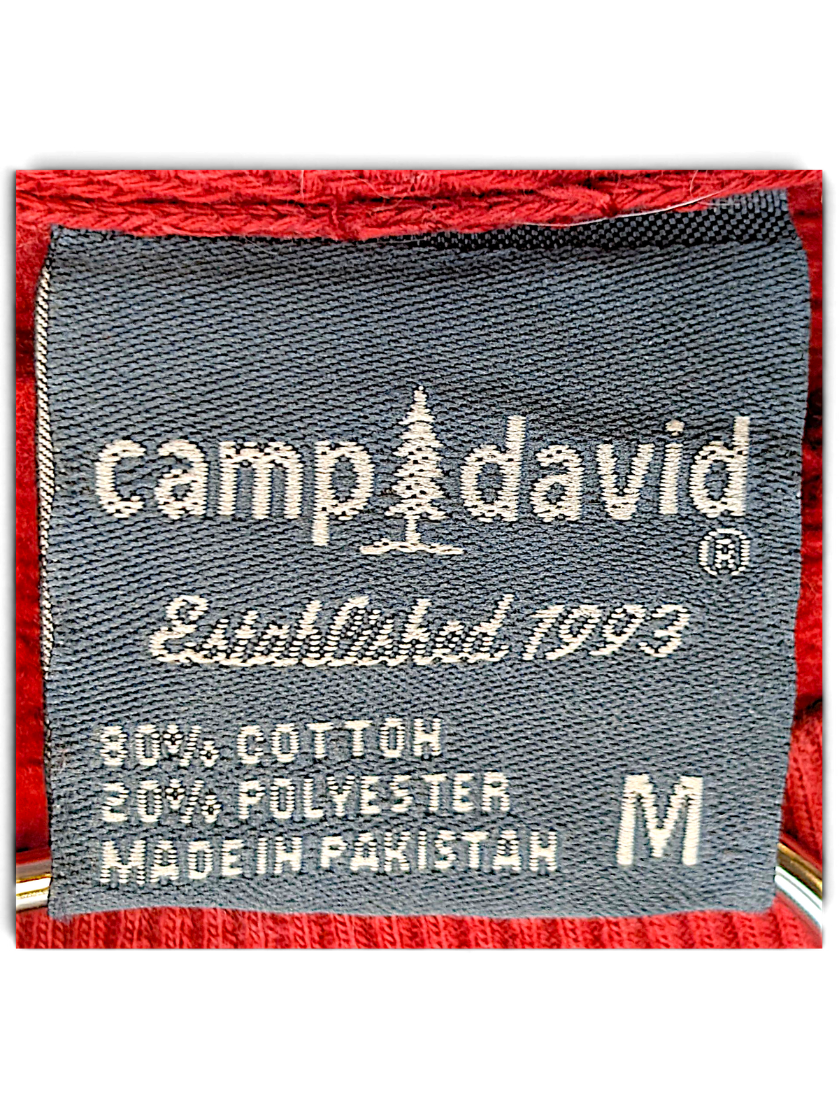 JAKE & IPI Camp David College sweatshirt label in red cotton polyester blend with size medium tag