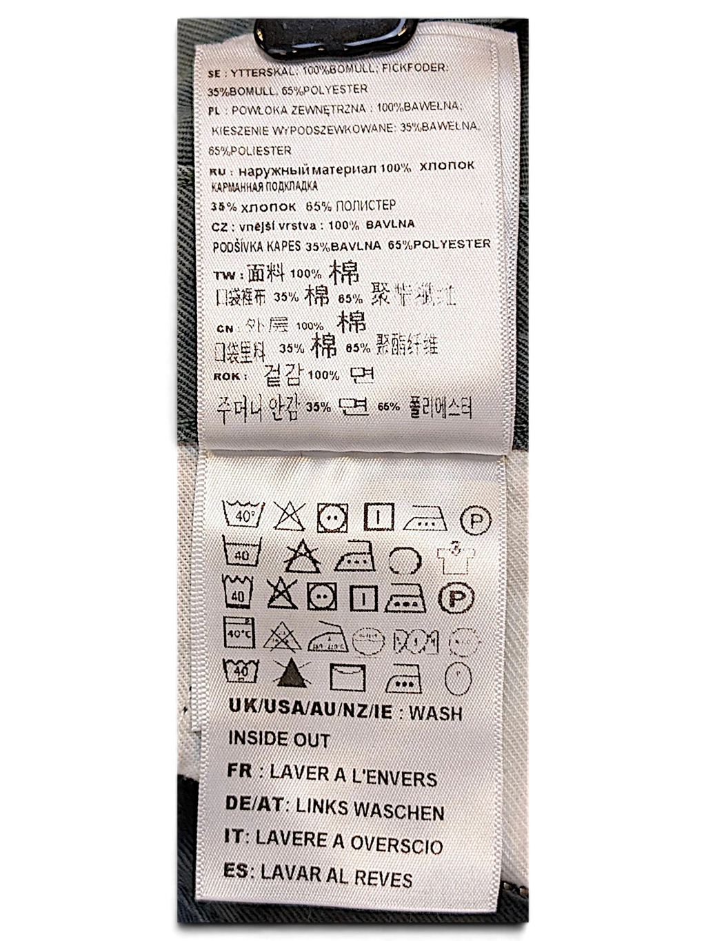 JAKE & IPI Carhartt Salford work pants internal fabric care label with composition details and washing instructions
