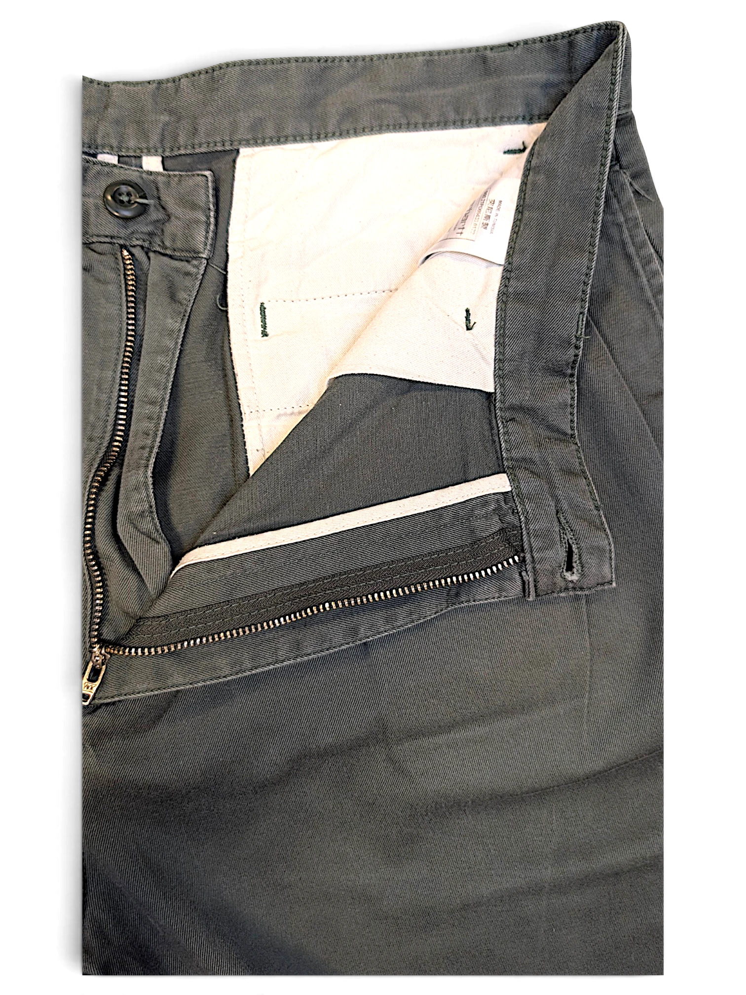 JAKE & IPI pre-owned Carhartt Salford work pants in faded green cotton with a zip fly and internal brand label.