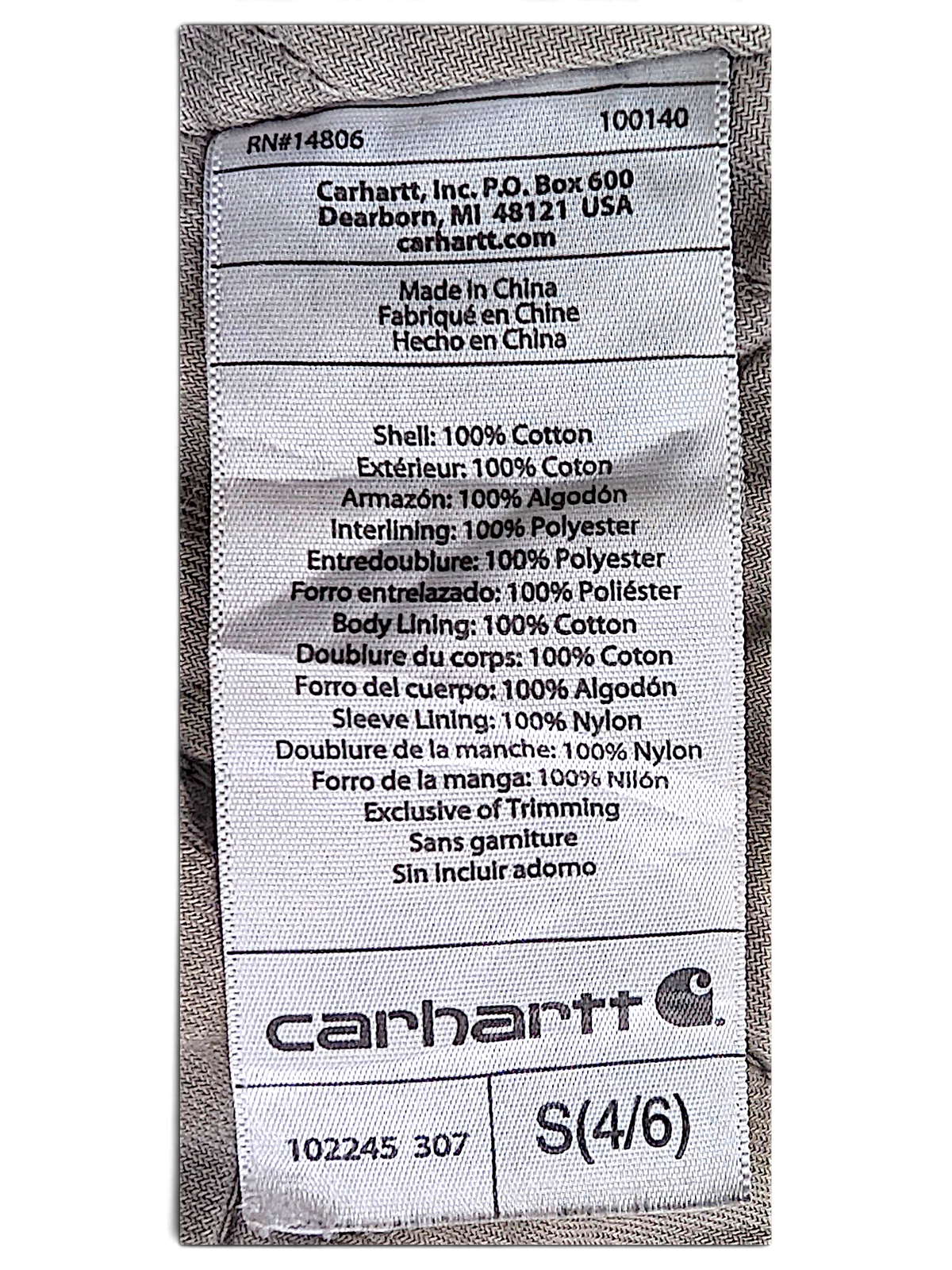 Carhartt Green Hooded Utility Parka – S; detail view showing fabric, construction, label or condition (image 6 of 8).