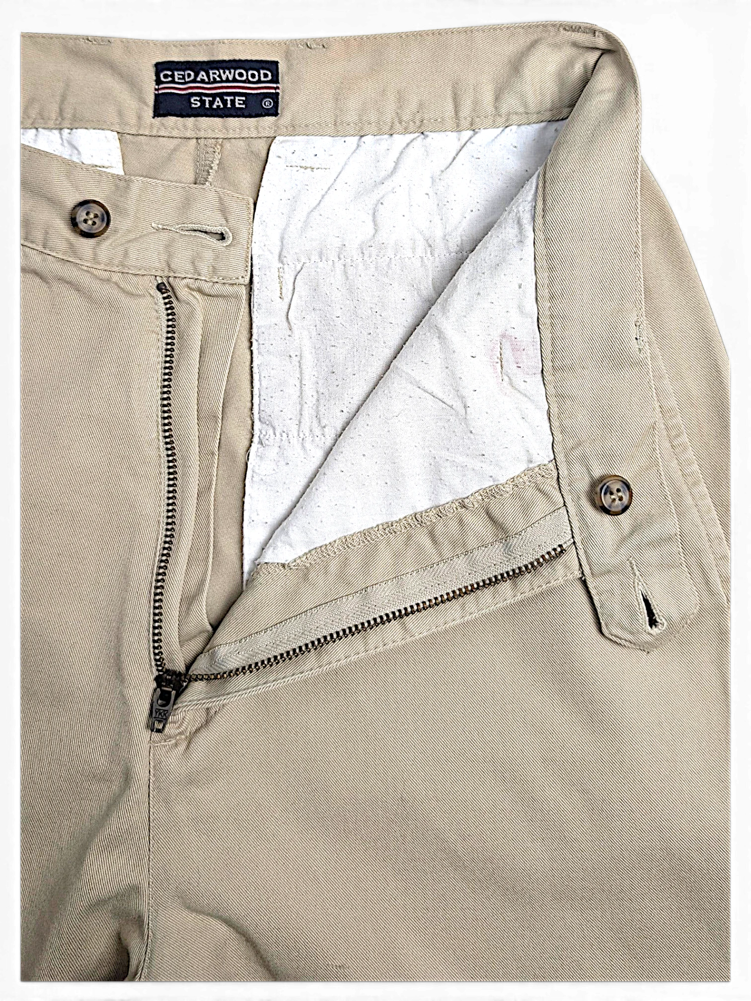 JAKE & IPI pre-owned Cedarwood State beige cotton chinos featuring a flat front and zip fly detail