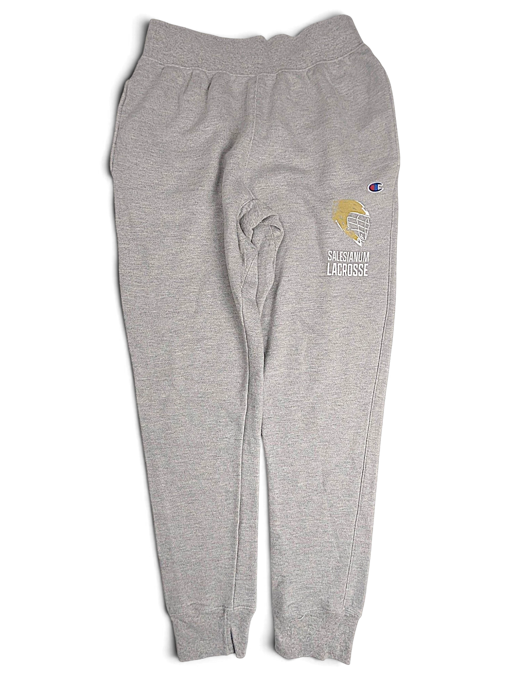 JAKE & IPI grey Champion Reverse Weave fleece joggers with Salesianum Lacrosse graphic and elastic cuffs