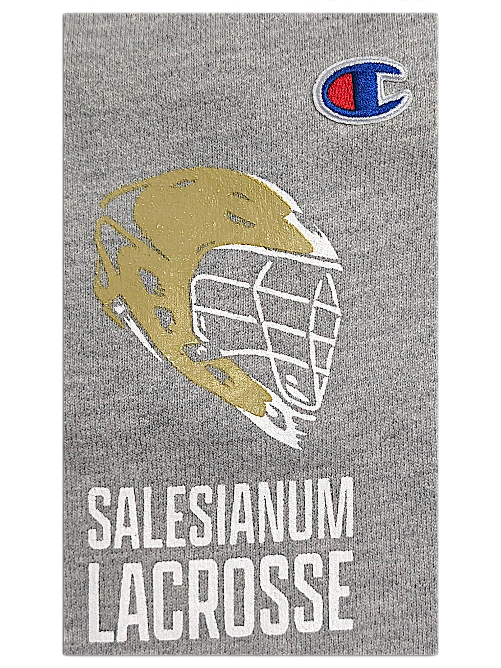 JAKE & IPI Champion grey Reverse Weave joggers featuring a gold lacrosse helmet graphic and embroidered logo patch