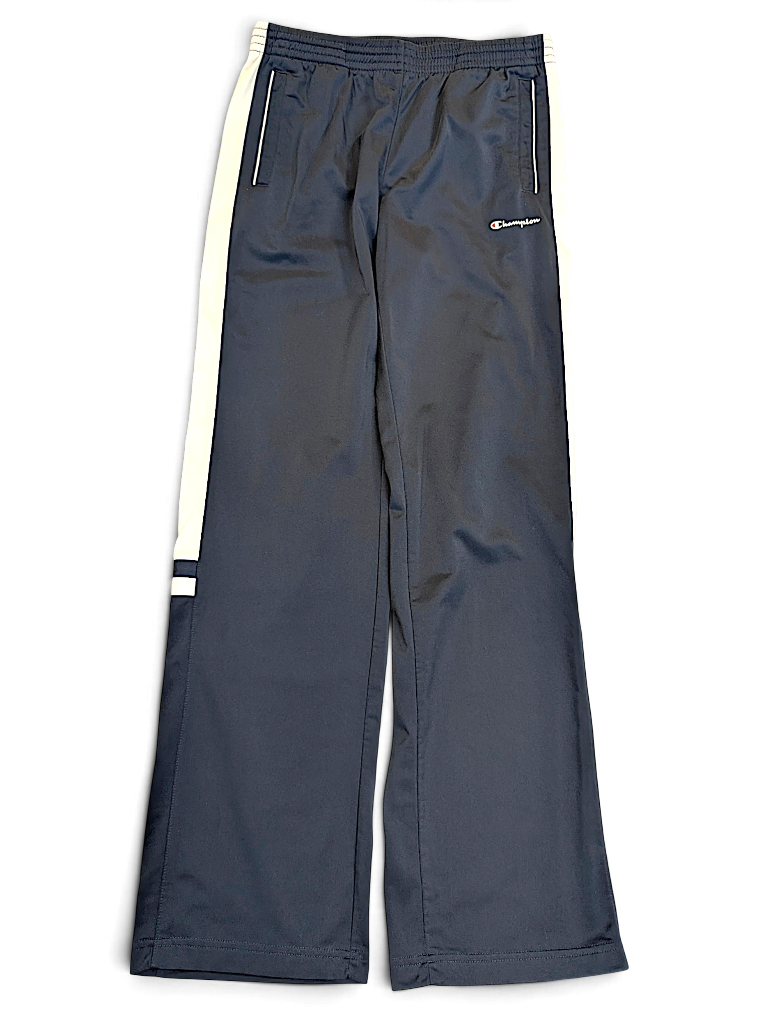 JAKE & IPI pre-owned Champion navy track pants with white side stripes and logo branding