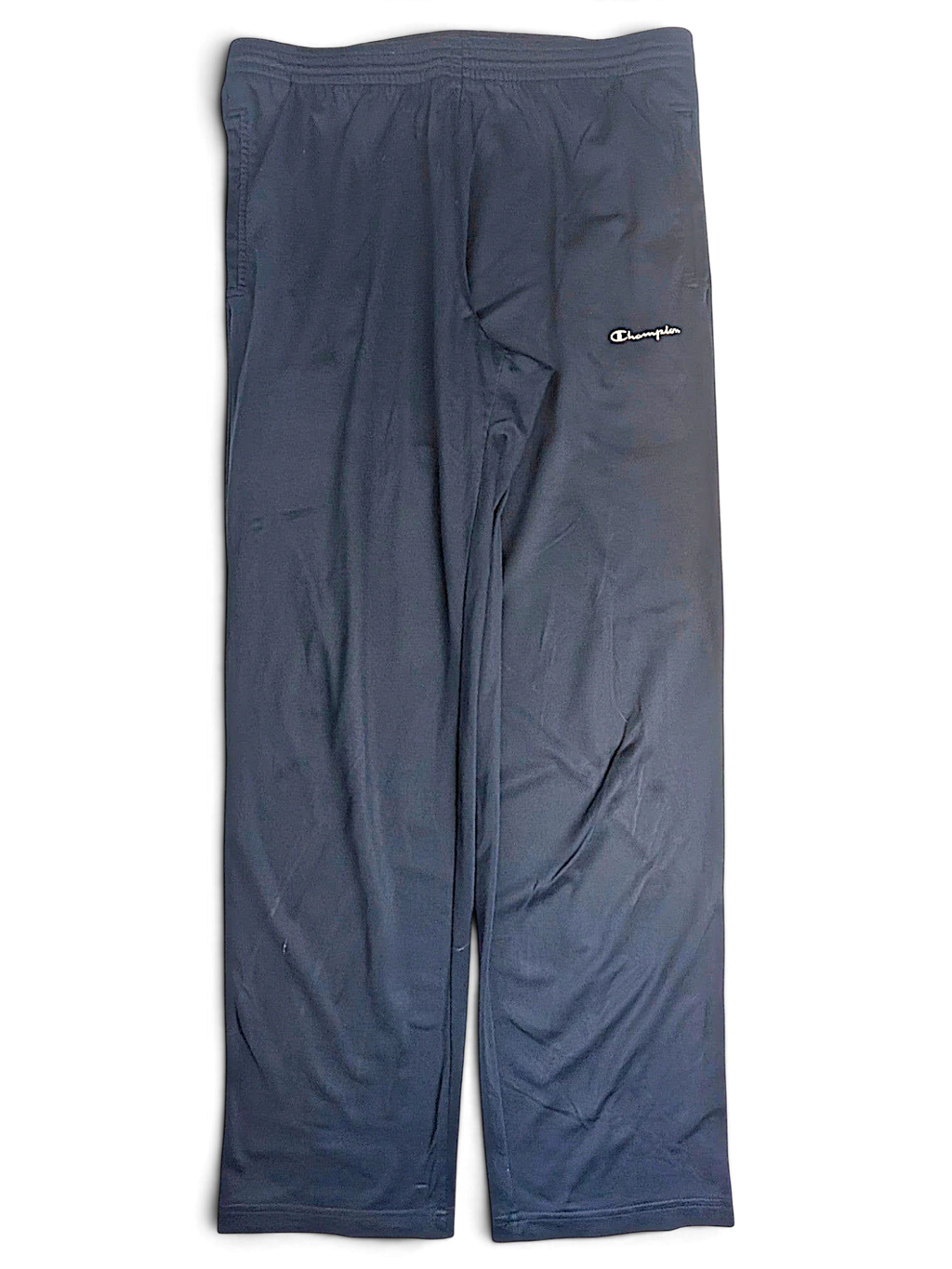 JAKE & IPI pre-owned Champion navy blue track pants with an embroidered logo and comfortable open-hem design.