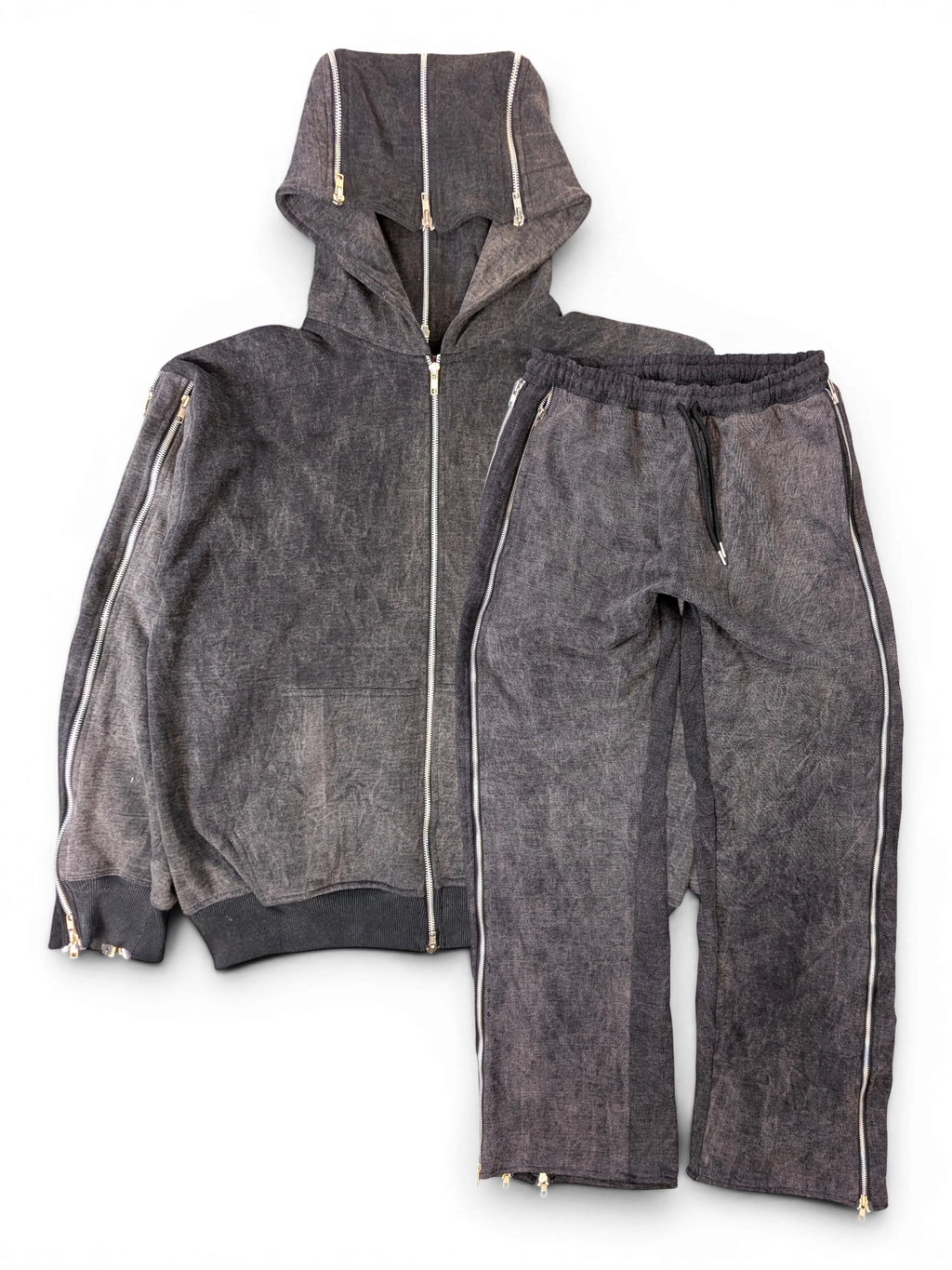 JAKE & IPI Alarikco charcoal grey acid wash track suit with full-length zipper details on hoodie and pants