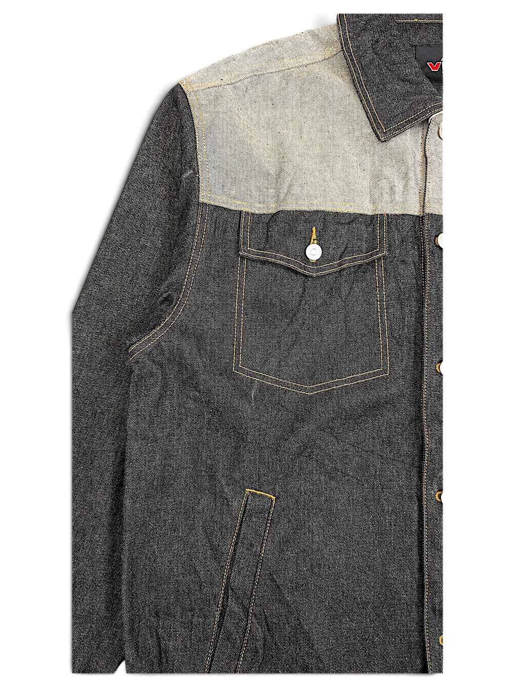 JAKE & IPI VIBES denim jacket in charcoal grey with a contrasting light grey shoulder panel and chest pocket.