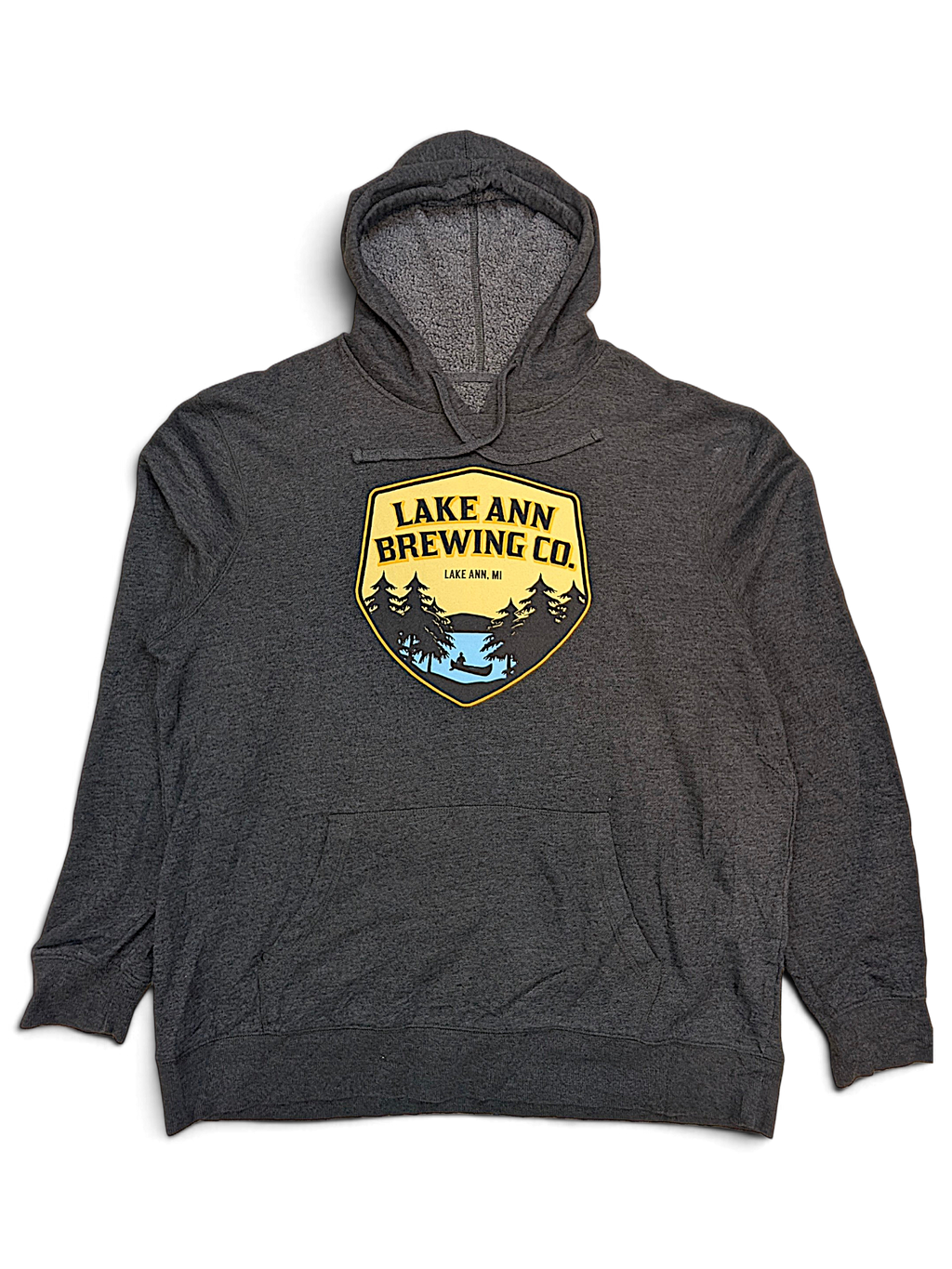 JAKE & IPI charcoal grey pullover hoodie featuring a Lake Ann Brewing CO graphic logo on the chest