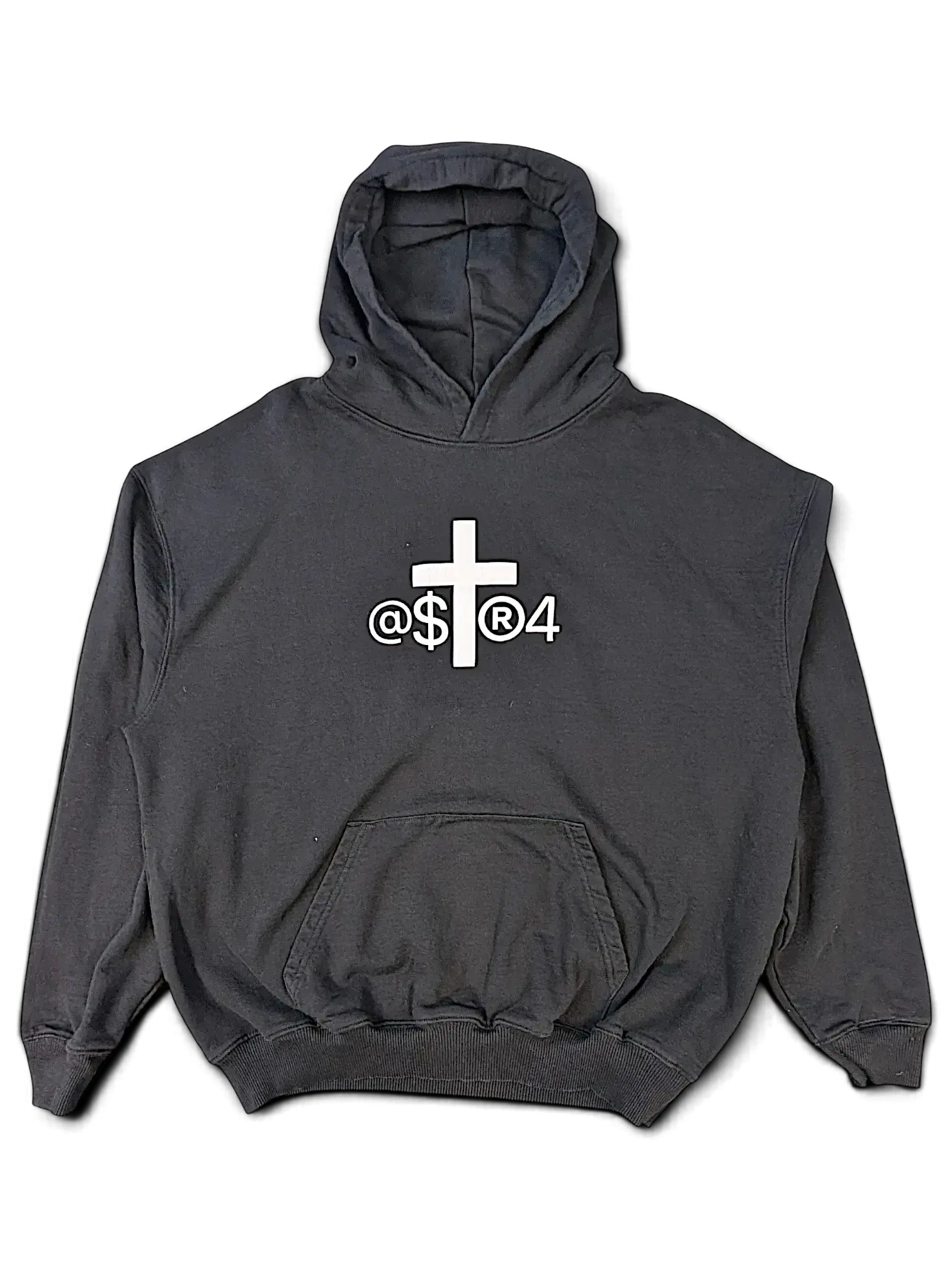 JAKE & IPI IBE Pyzze hoodie in charcoal grey with a white cross and symbol graphic on the chest