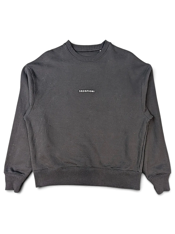 JAKE & IPI charcoal grey crewneck sweatshirt with Skorpioni text printed on the chest