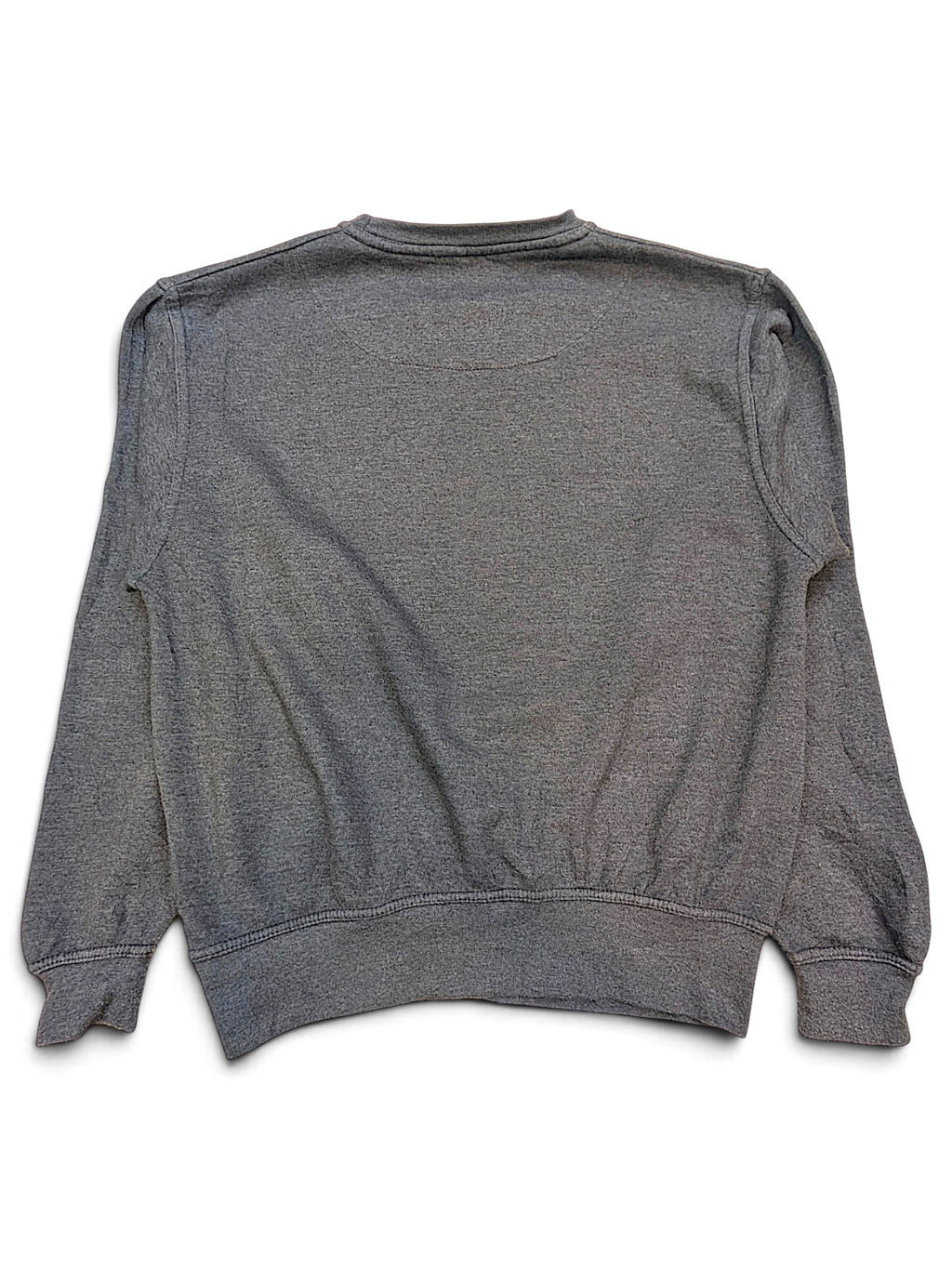 Back view of a JAKE & IPI charcoal grey crewneck sweatshirt with ribbed cuffs and hem.