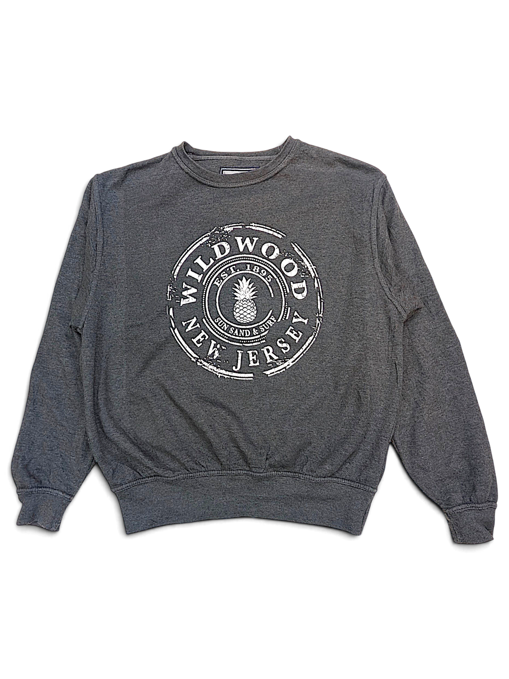 JAKE & IPI charcoal grey crewneck sweatshirt featuring a distressed white Wildwood New Jersey graphic print.