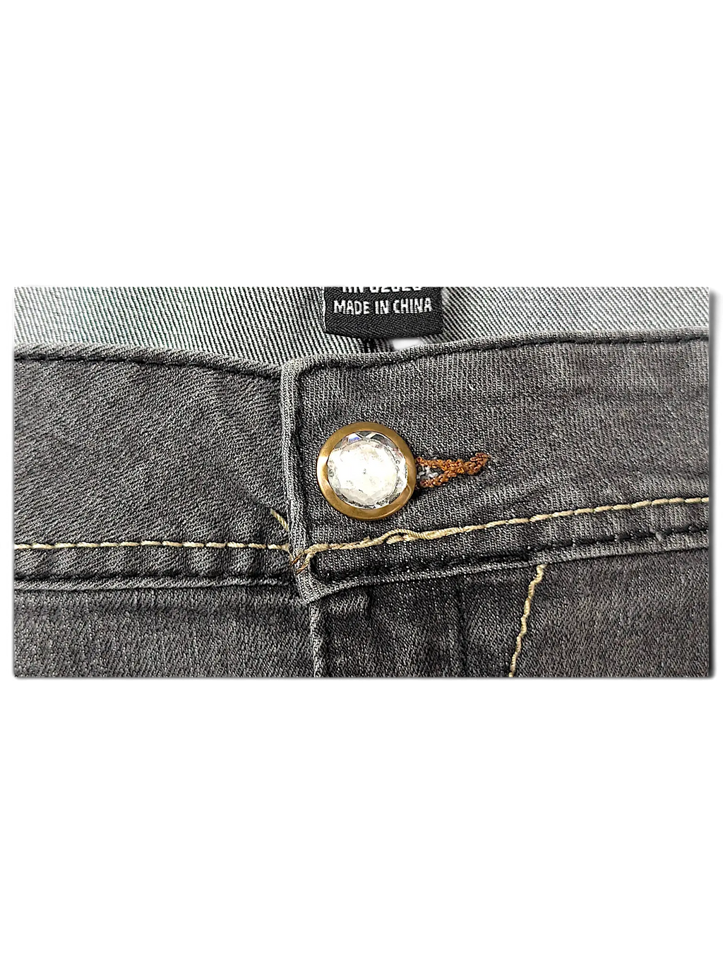 JAKE & IPI SP Classic Y2K jeans in charcoal grey denim with a decorative crystal-encrusted button closure