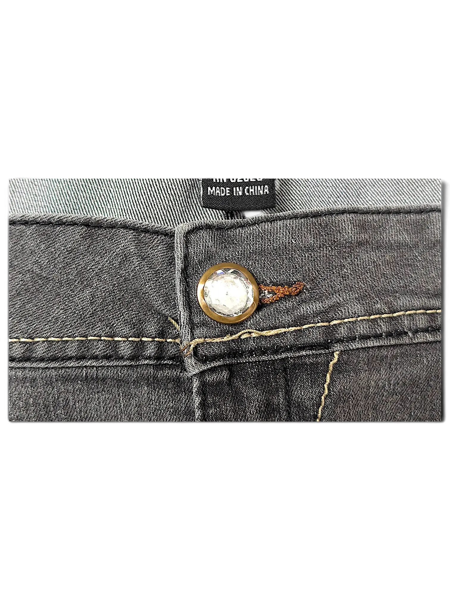 JAKE & IPI SP Classic Y2K jeans in charcoal grey denim with a decorative crystal-encrusted button closure