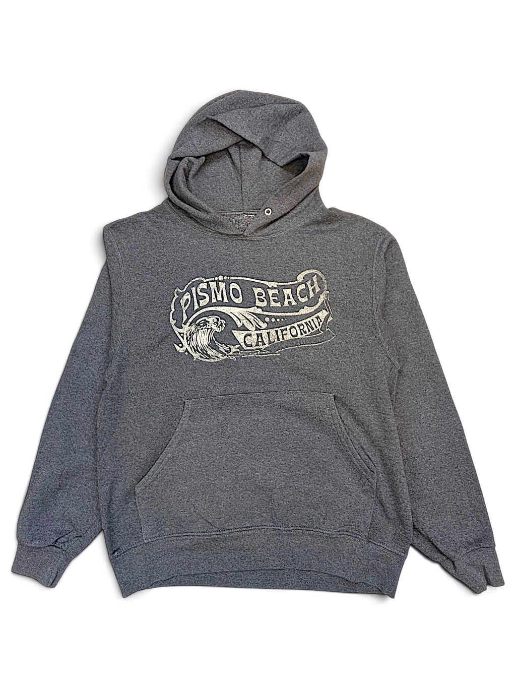 JAKE & IPI charcoal grey Pismo Beach hoodie with a vintage-style graphic print and front kangaroo pocket