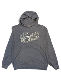 JAKE & IPI charcoal grey Pismo Beach hoodie with a vintage-style graphic print and front kangaroo pocket