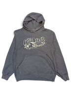 JAKE & IPI charcoal grey Pismo Beach hoodie with a vintage-style graphic print and front kangaroo pocket