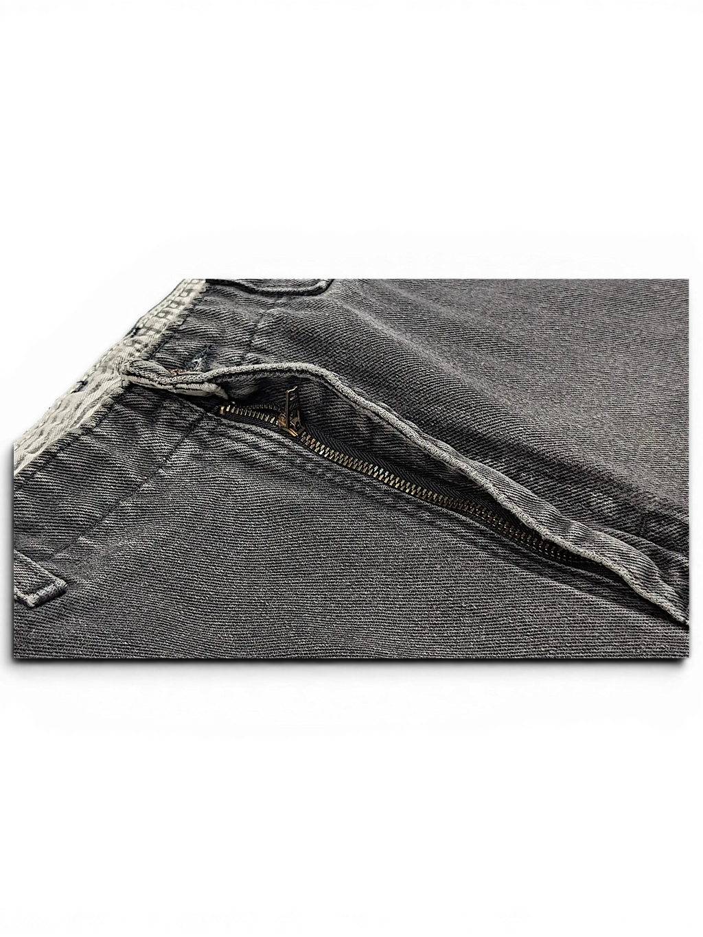 JAKE & IPI Lee stretch waist jeans in charcoal grey denim featuring a metal zipper fly and patterned inner waistband