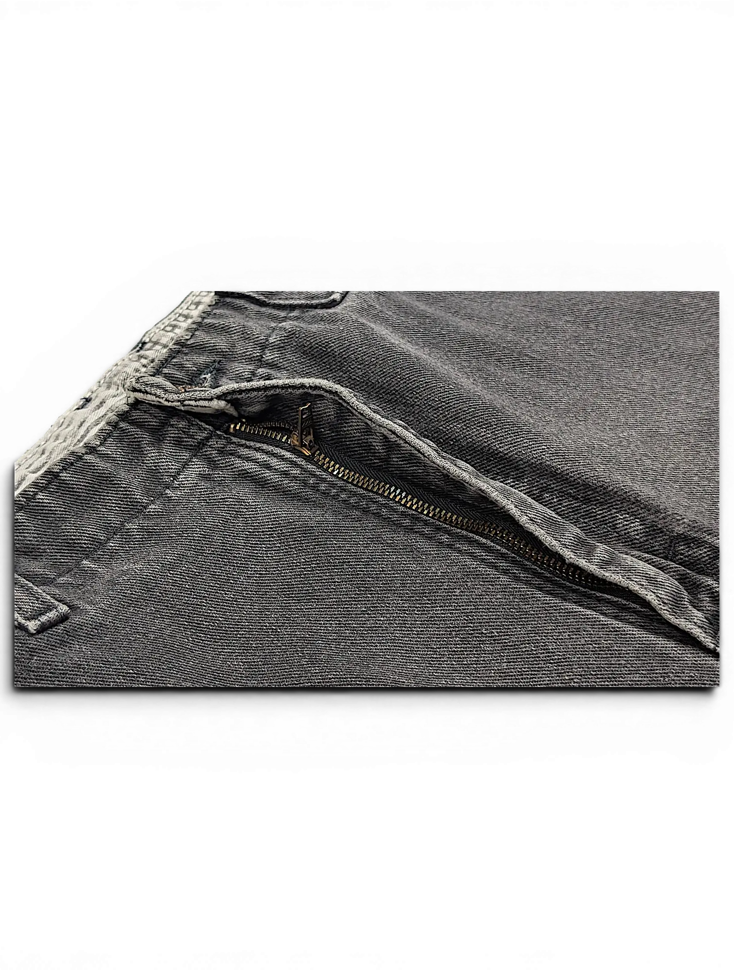 JAKE & IPI Lee stretch waist jeans in charcoal grey denim featuring a metal zipper fly and patterned inner waistband